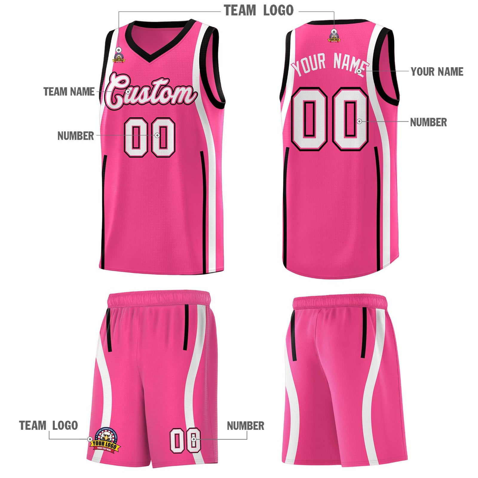 Custom Pink Black AND White Basketball Jersey