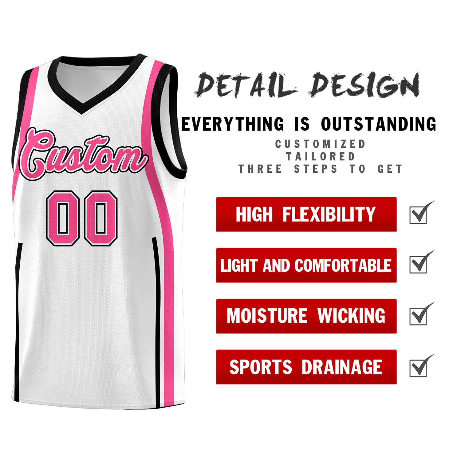 Custom White Pink AND Black Basketball Jersey