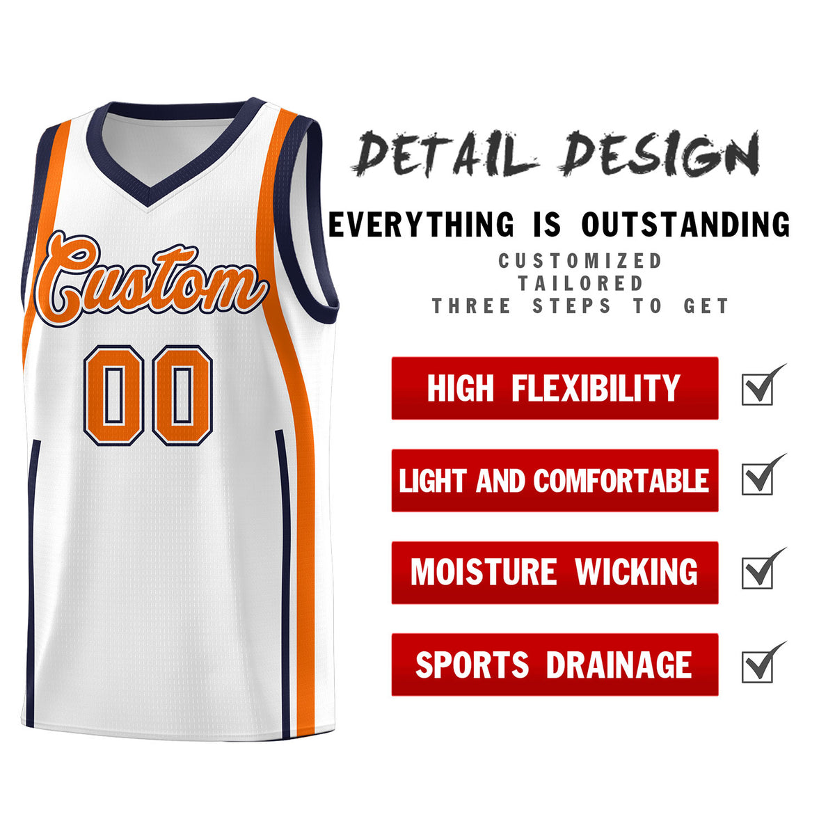 Custom White Navy AND Orange Basketball Jersey