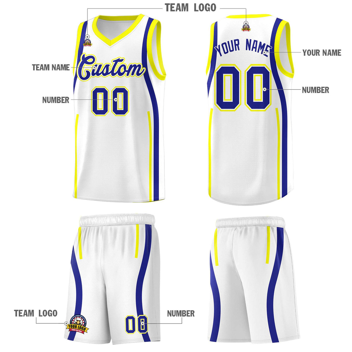 Custom White Royal AND Fluorescent Yellow Basketball Jersey