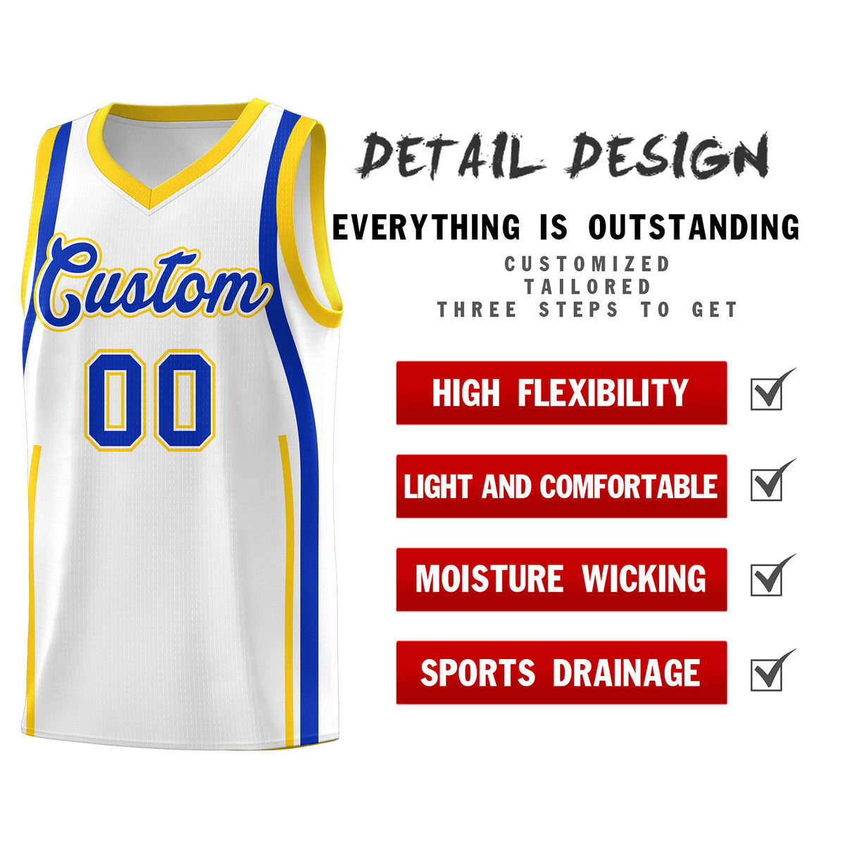 Custom White Royal AND Gold Basketball Jersey
