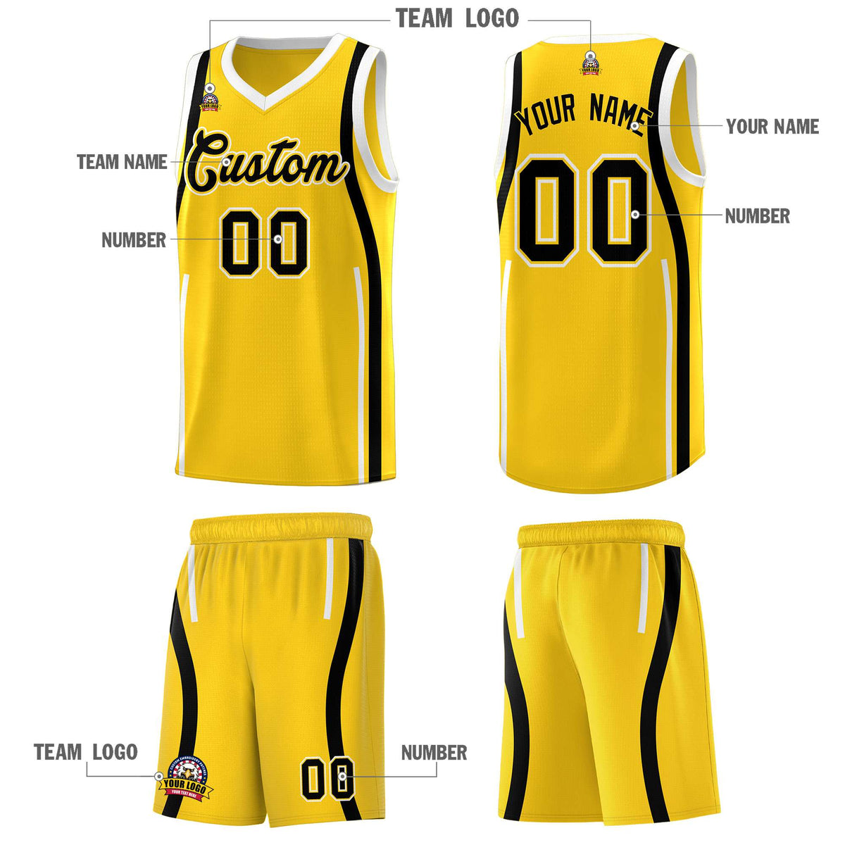 Custom Gold Black AND White Basketball Jersey