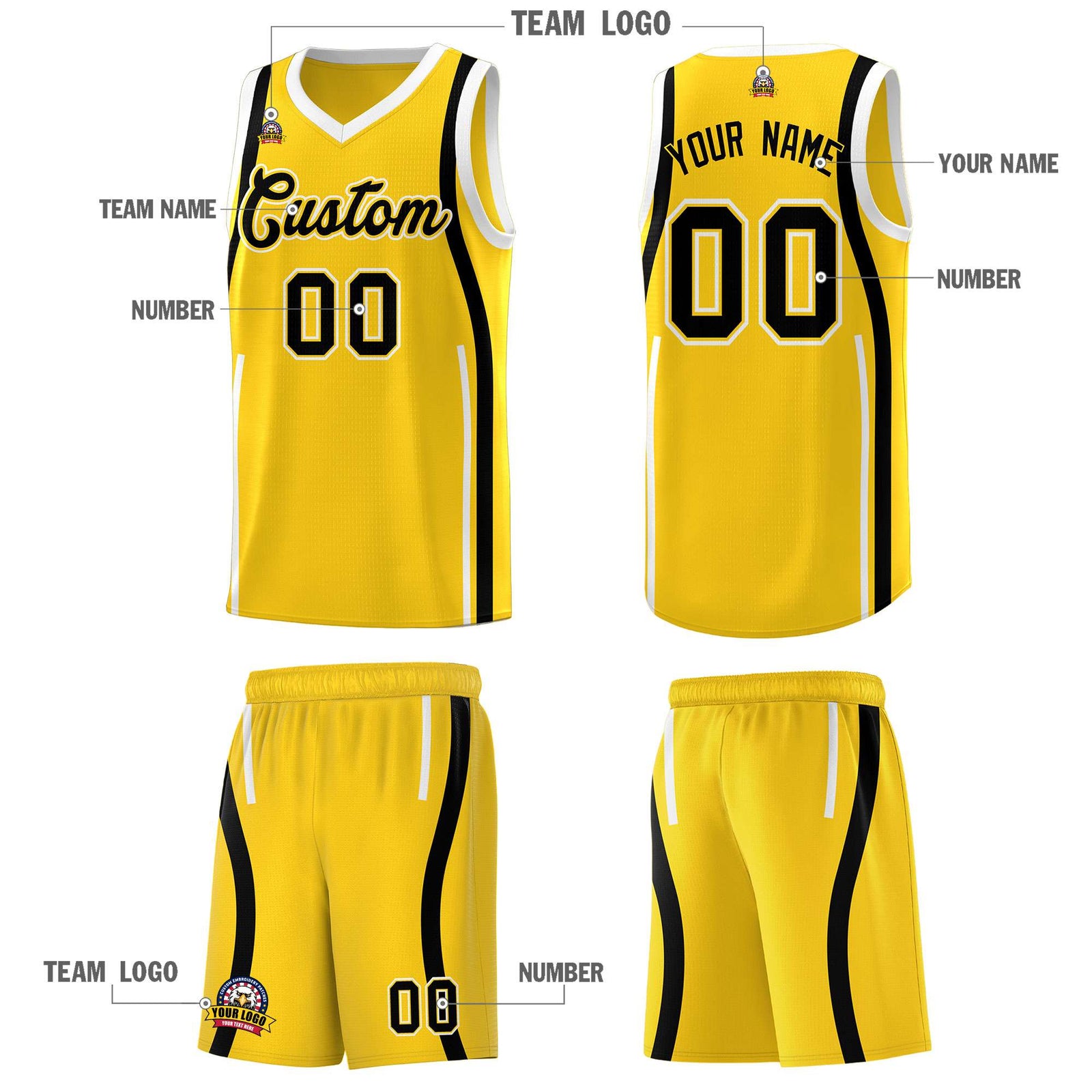 Custom Gold Black AND White Basketball Jersey