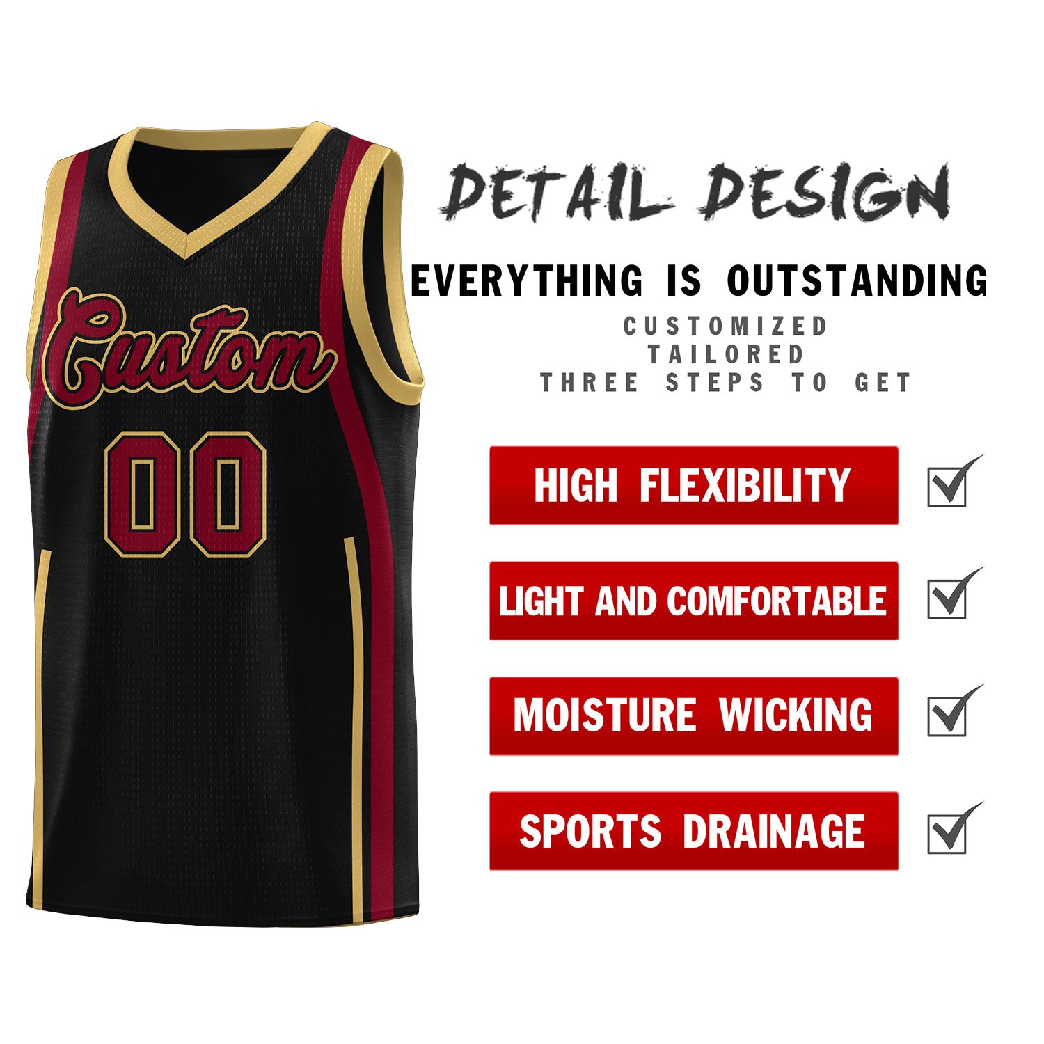 Custom Black Crimson AND Old Gold Basketball Jersey