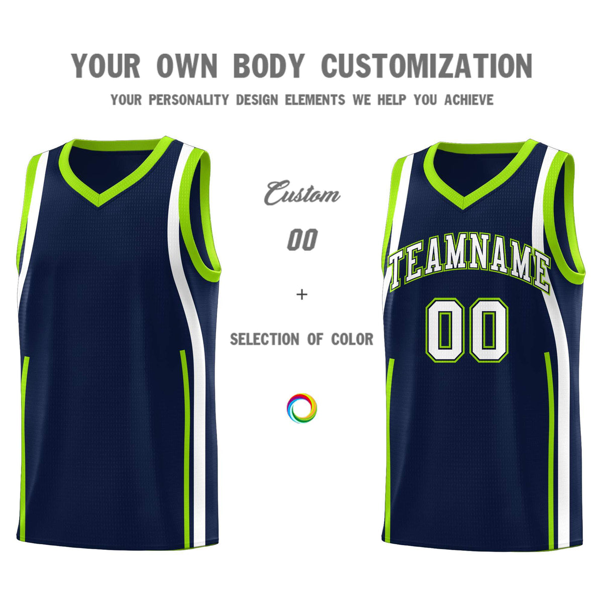 Custom Navy White-Fluorescent Green Ribbon Pattern Basketball Kits