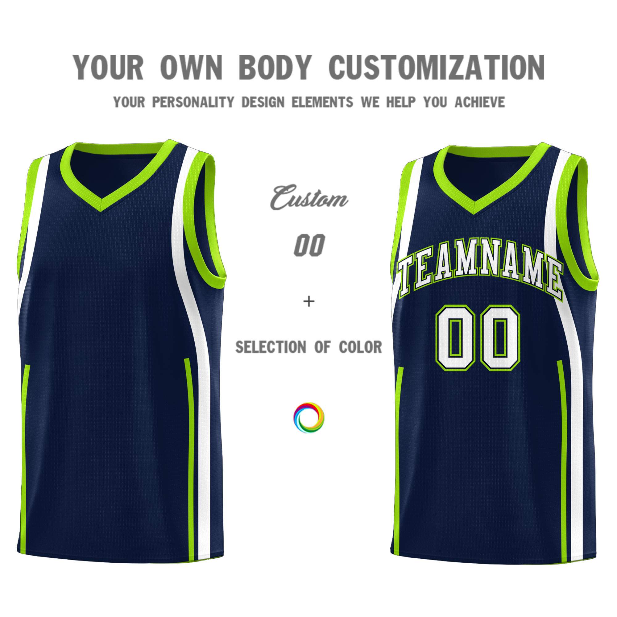 Custom Navy White-Fluorescent Green Ribbon Pattern Basketball Kits