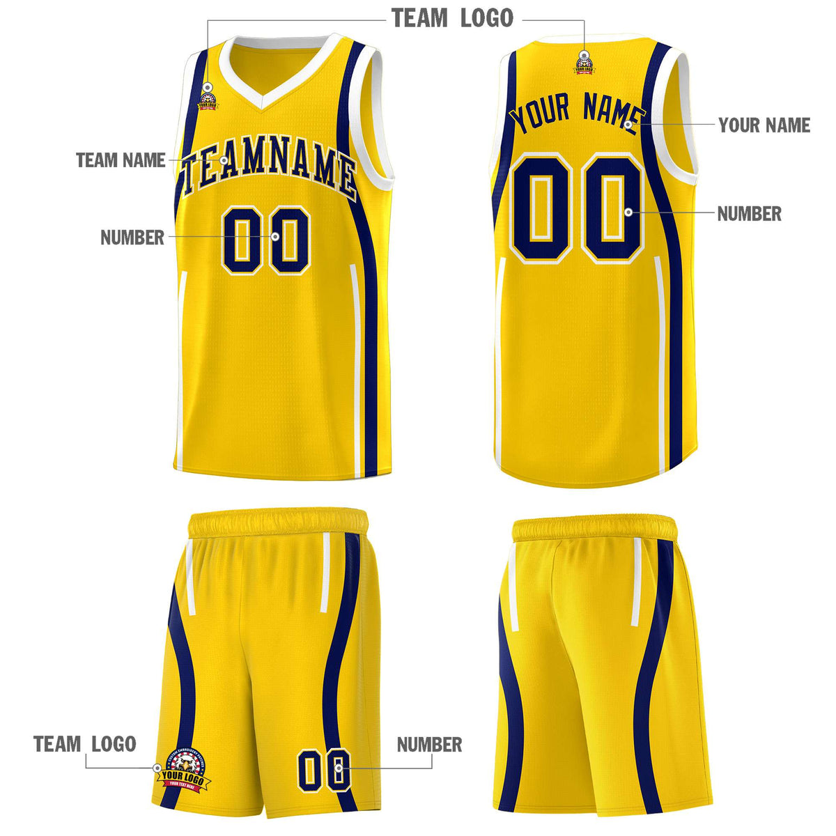 Custom Gold Navy-White Ribbon Pattern Basketball Kits