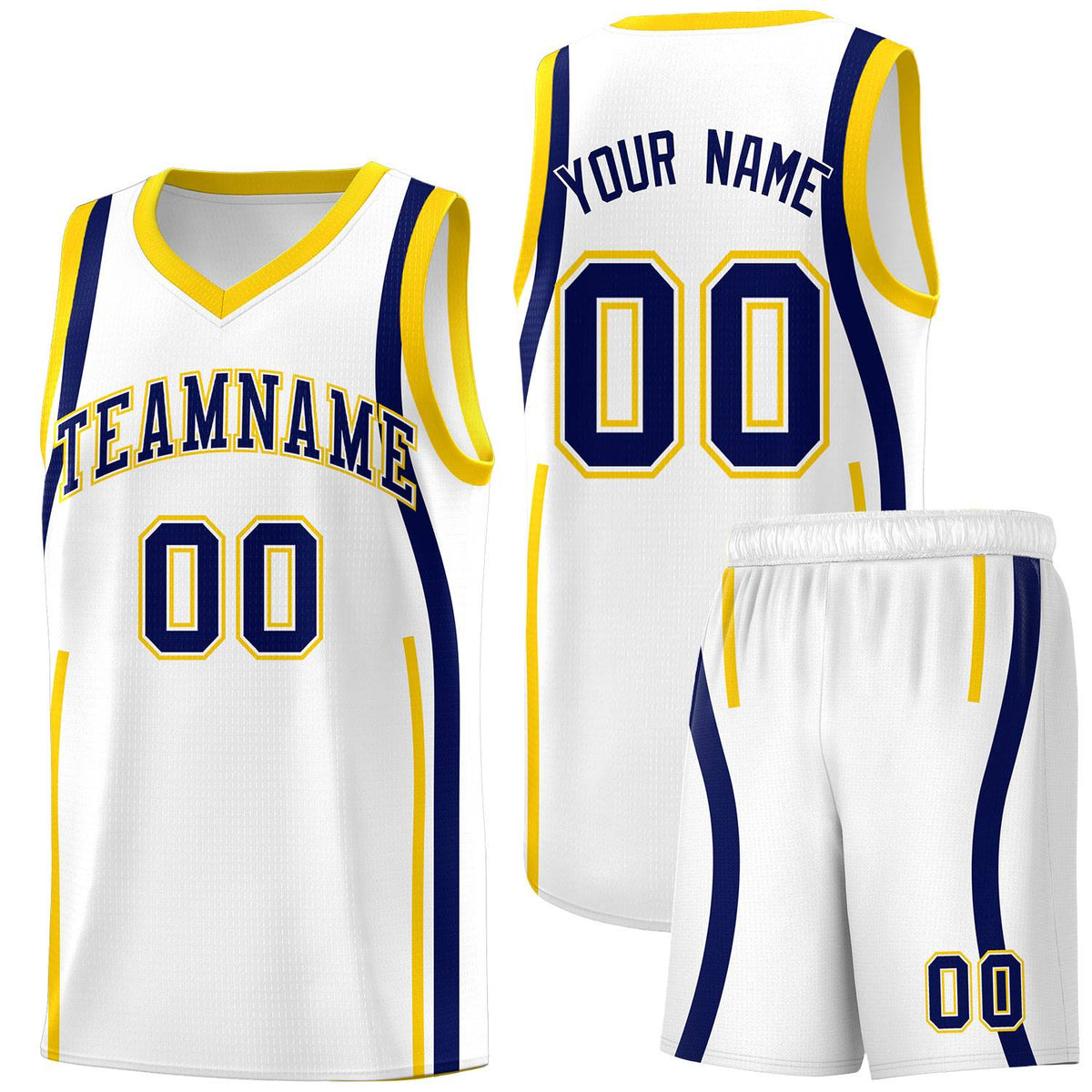 Custom White Navy-Gold Ribbon Pattern Basketball Kits