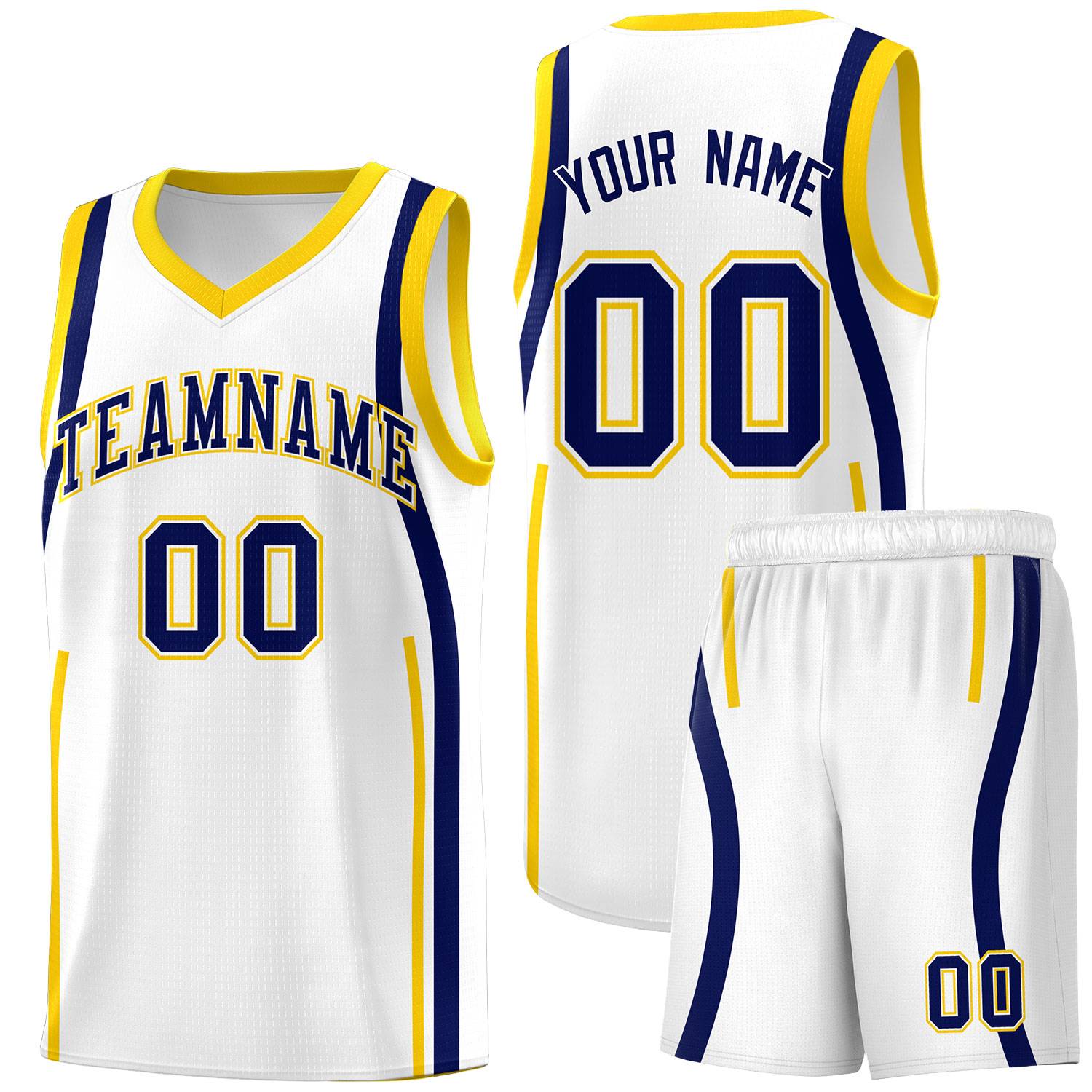Custom White Navy-Gold Ribbon Pattern Basketball Kits