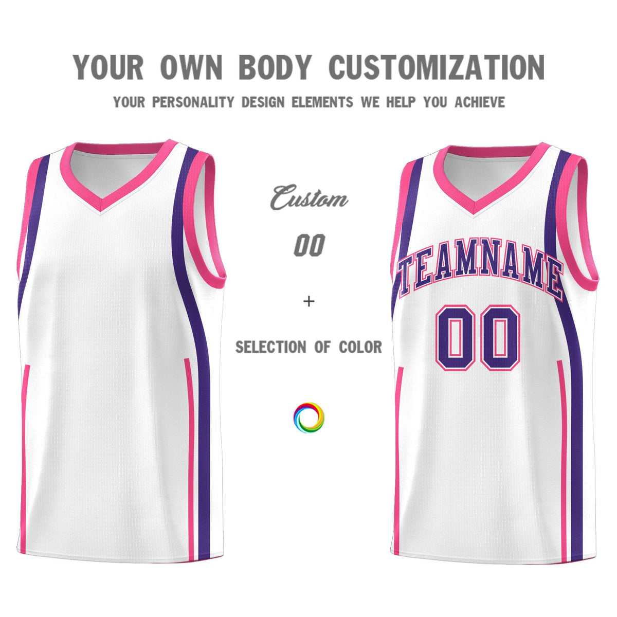 Custom White Pink-Purple Ribbon Pattern Basketball Kits