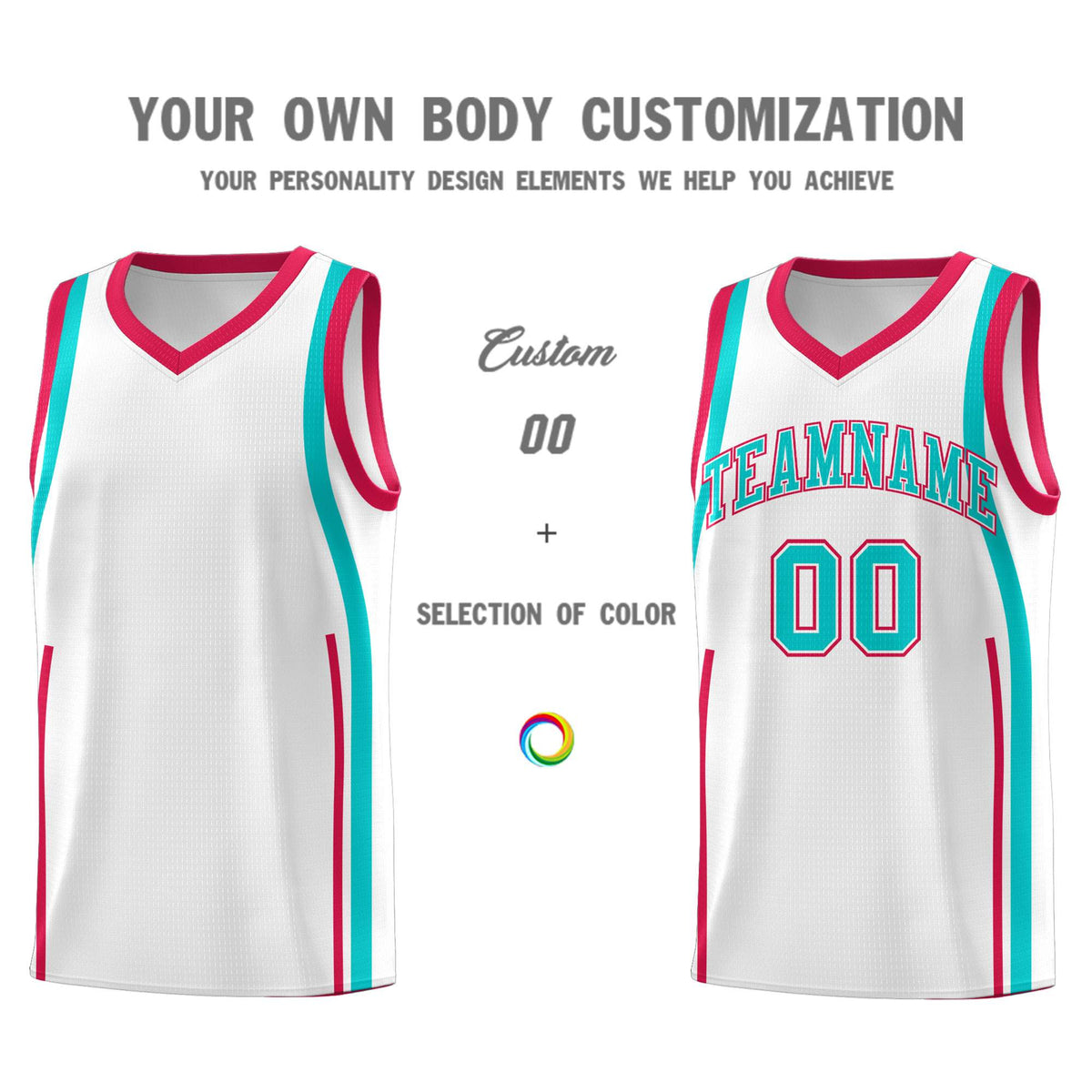 Custom White Aqua-Red Ribbon Pattern Basketball Kits