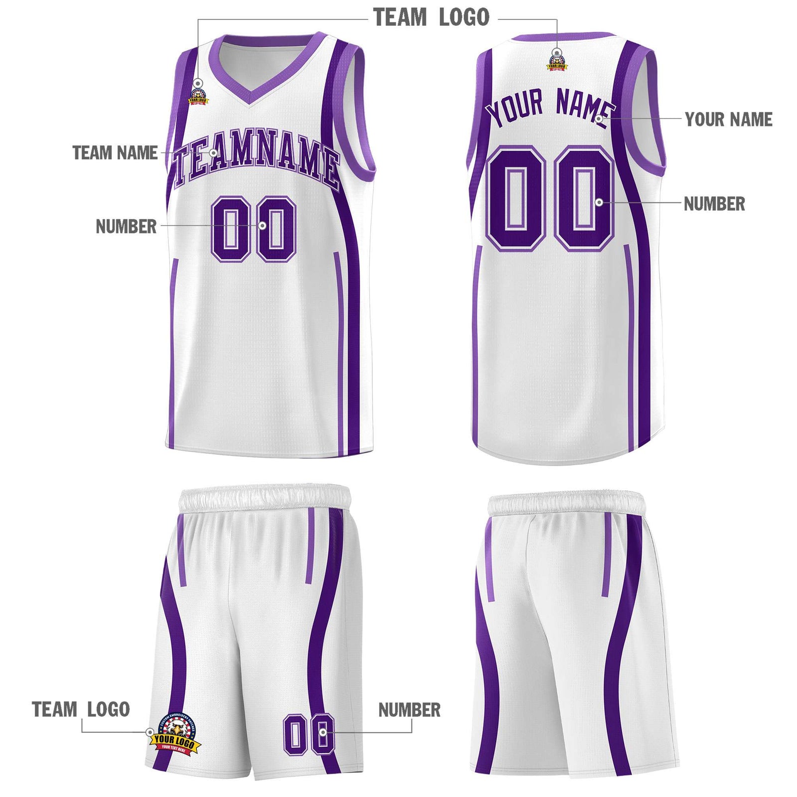 Custom White Purple-Light Purple Ribbon Pattern Basketball Kits