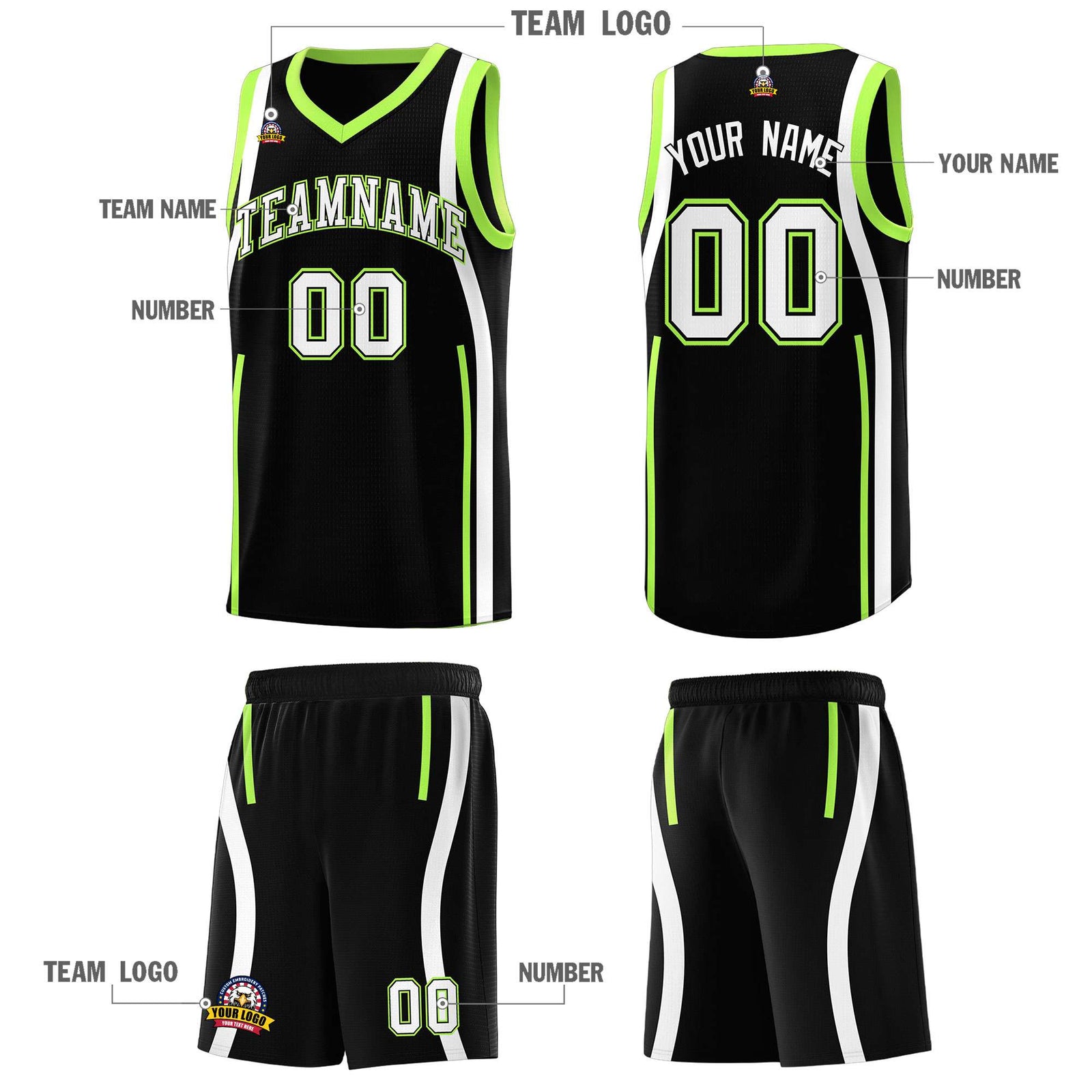 Custom Black Fluorescent Green-White Ribbon Pattern Basketball Kits