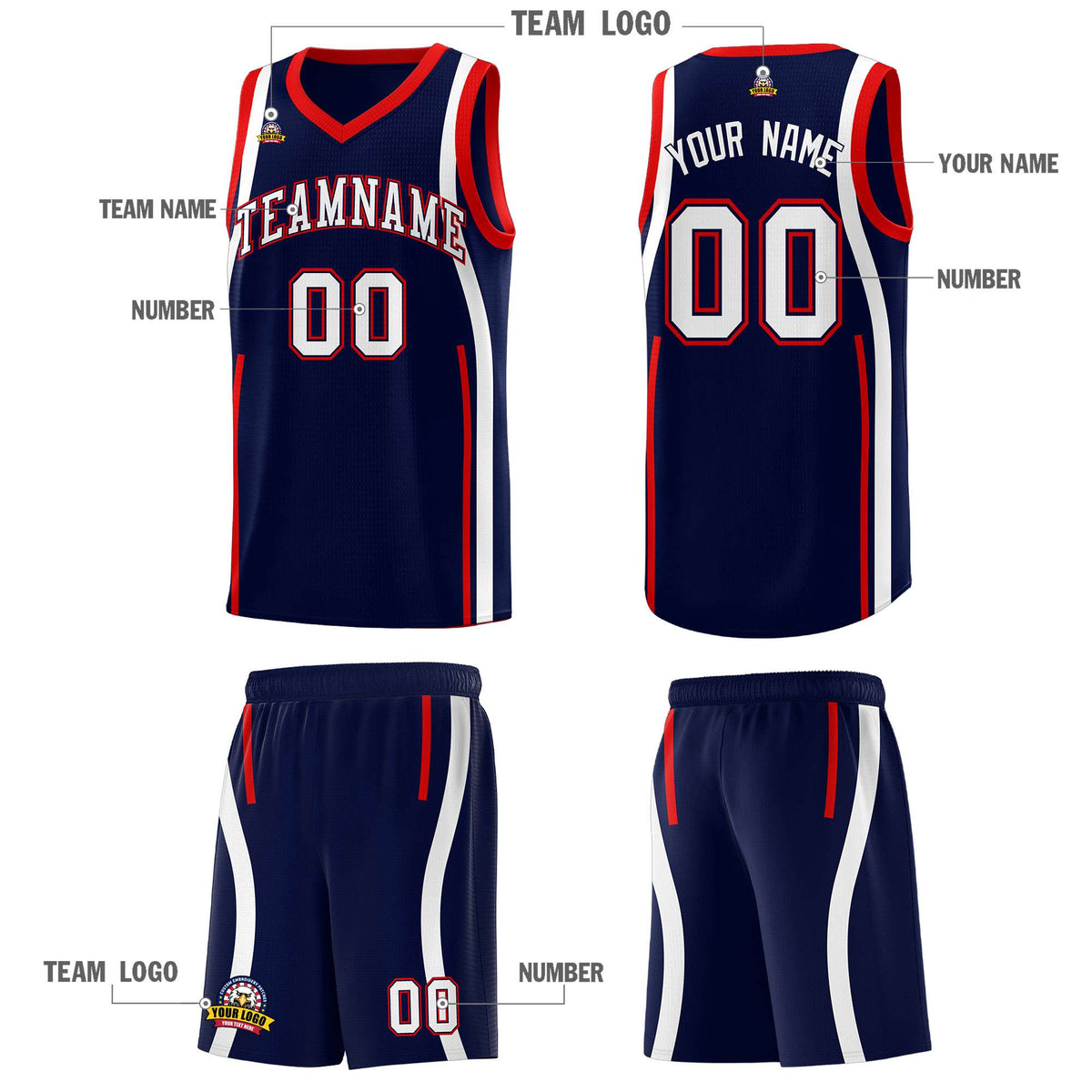 Custom Navy Red-White Ribbon Pattern Basketball Kits