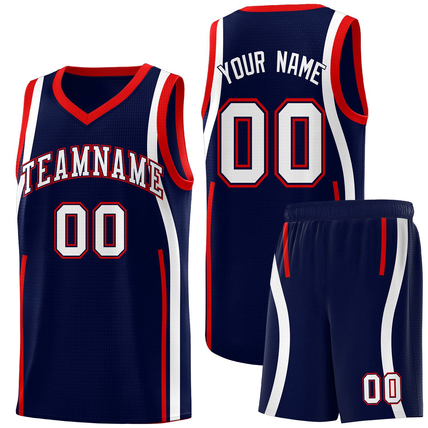 Custom Navy Red-White Ribbon Pattern Basketball Kits
