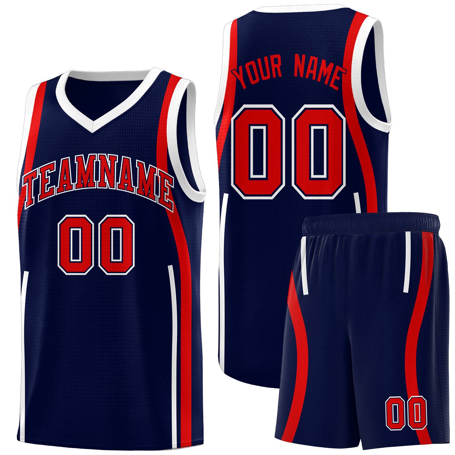 Custom Navy Red-White Ribbon Pattern Basketball Kits