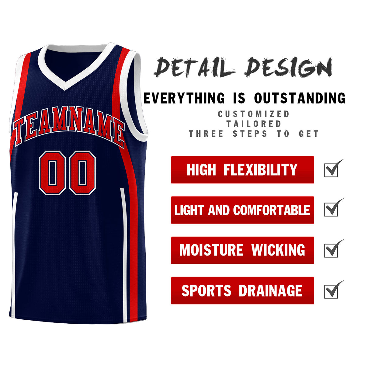 Custom Navy Red-White Ribbon Pattern Basketball Kits