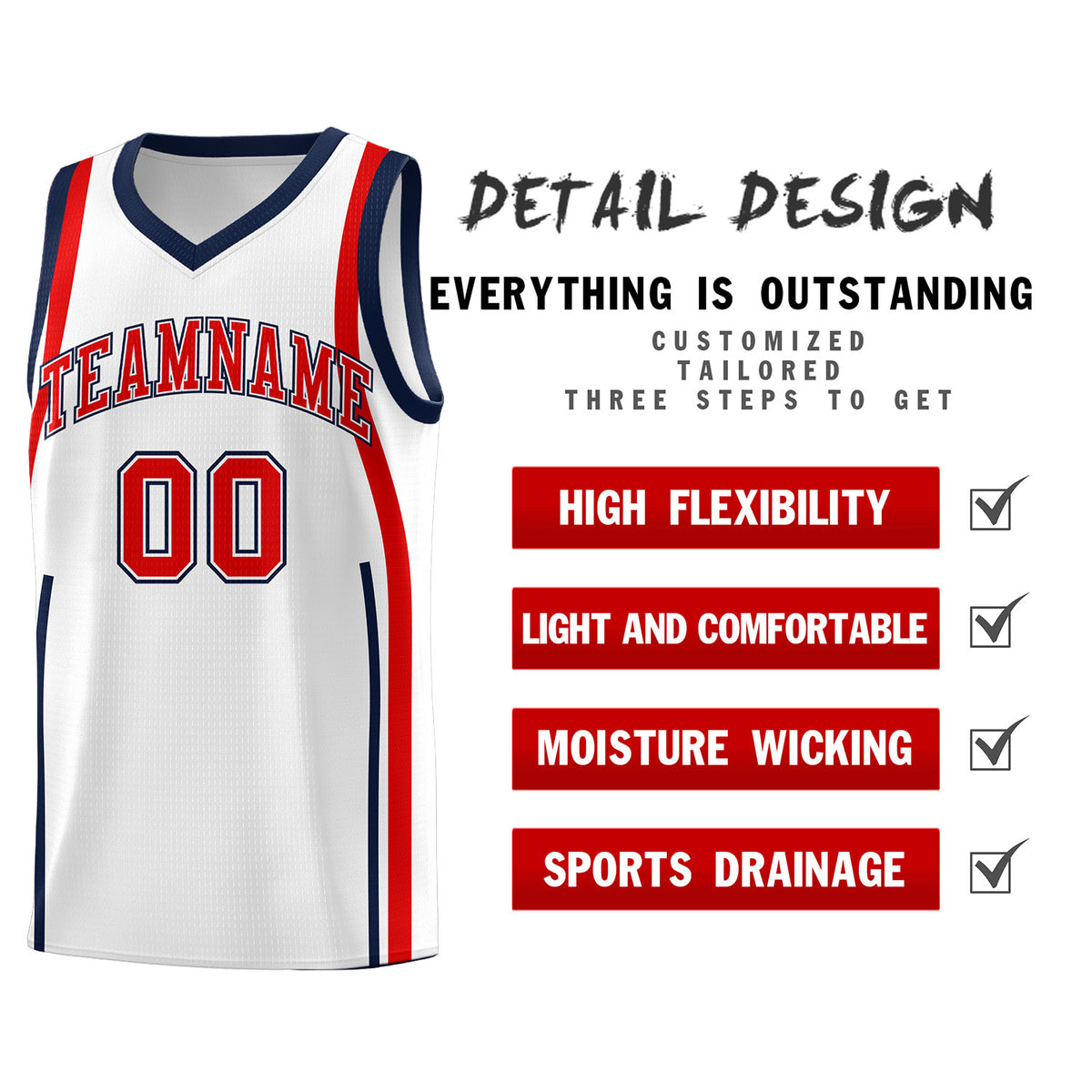Custom White Navy-Red Ribbon Pattern Basketball Kits