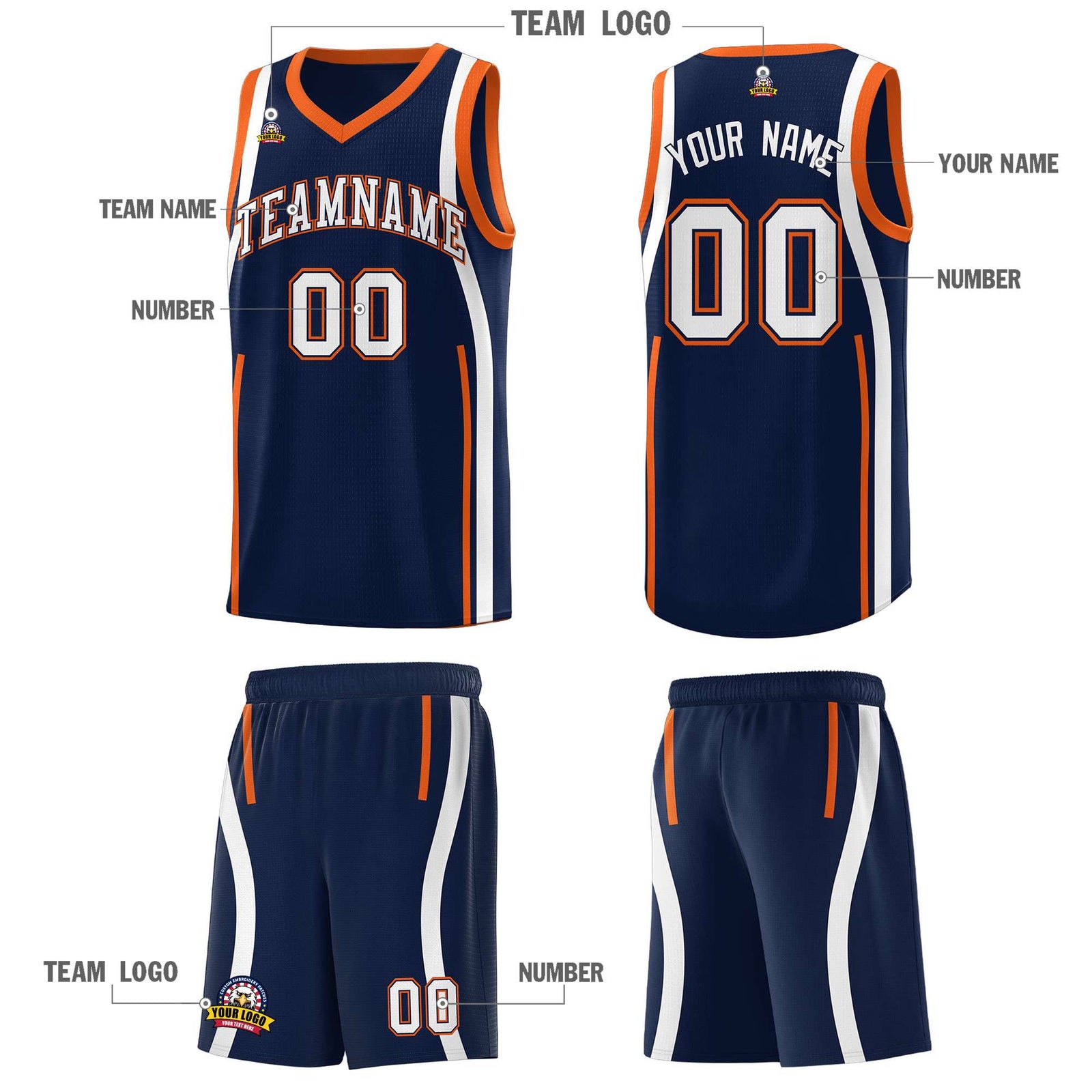 Custom Navy Orange-White Ribbon Pattern Basketball Kits
