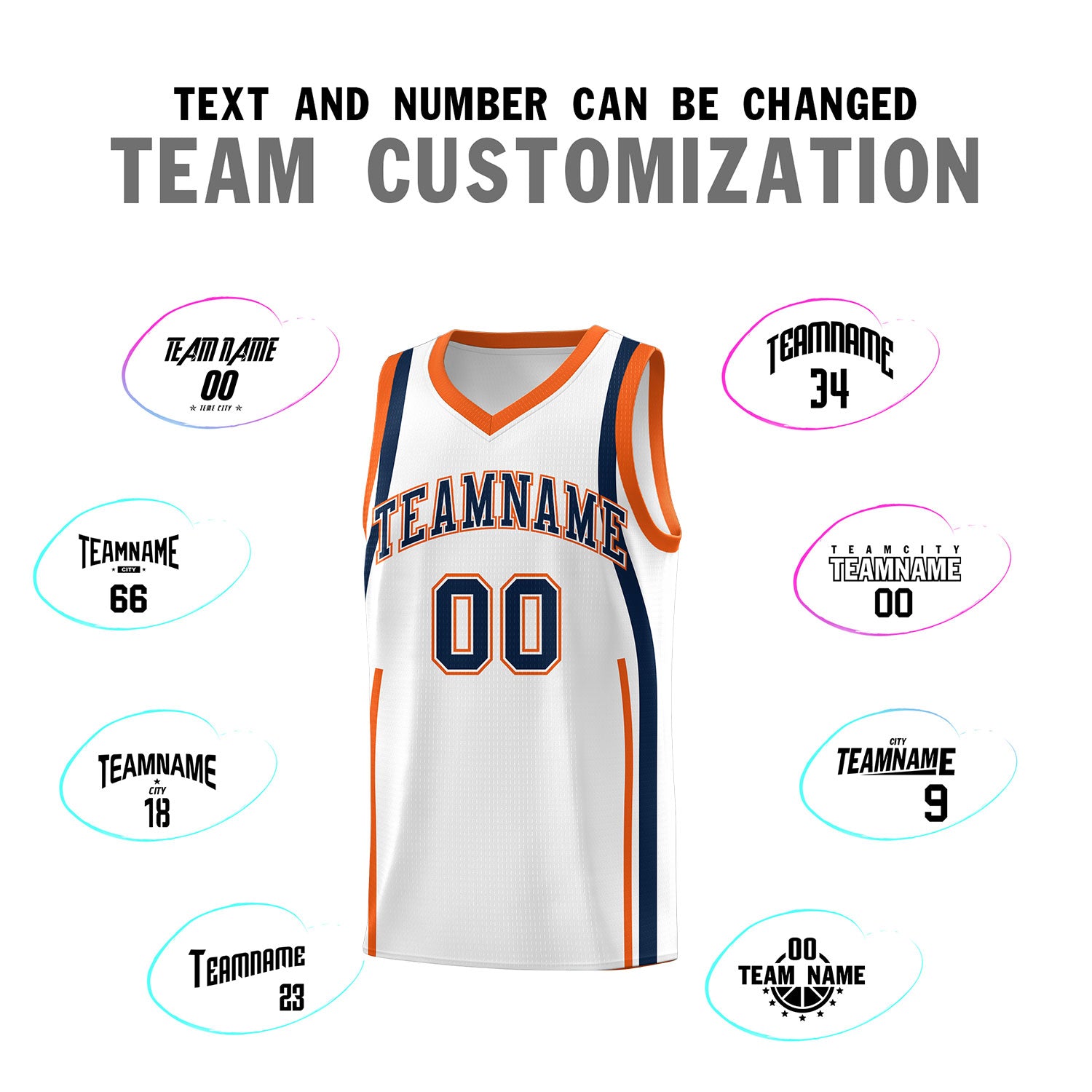 Custom White Navy-Orange Ribbon Pattern Basketball Kits