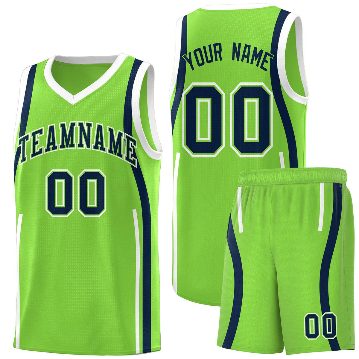 Custom Fluorescent Green Navy-White Ribbon Pattern Basketball Kits