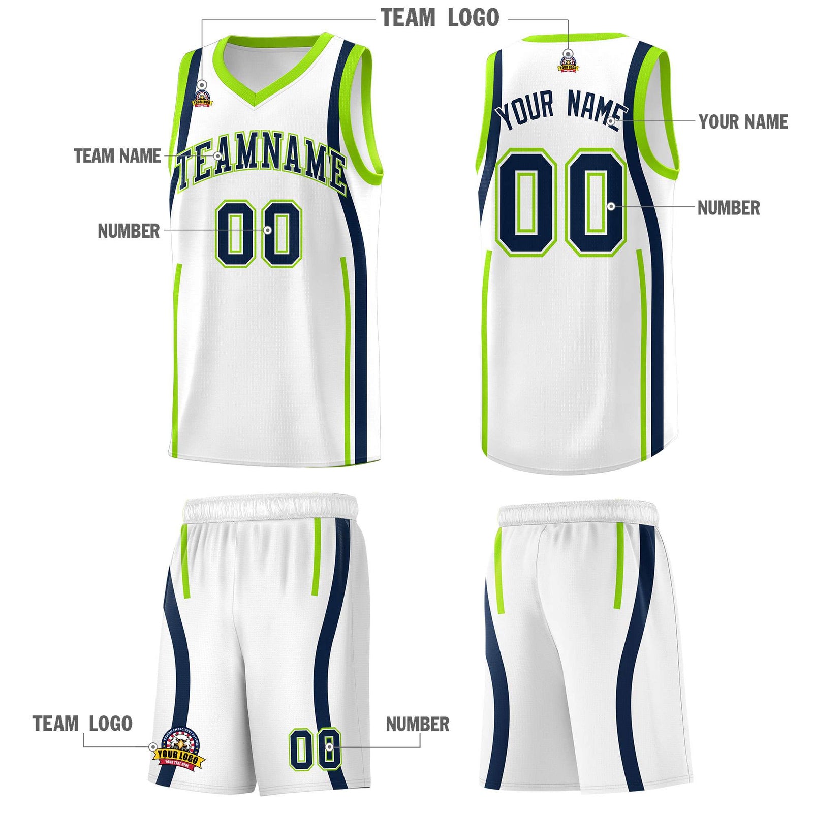 Custom White Fluorescent Green-Navy Ribbon Pattern Basketball Kits