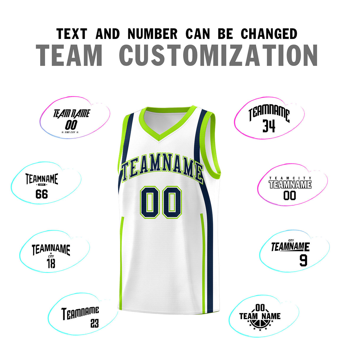Custom White Fluorescent Green-Navy Ribbon Pattern Basketball Kits
