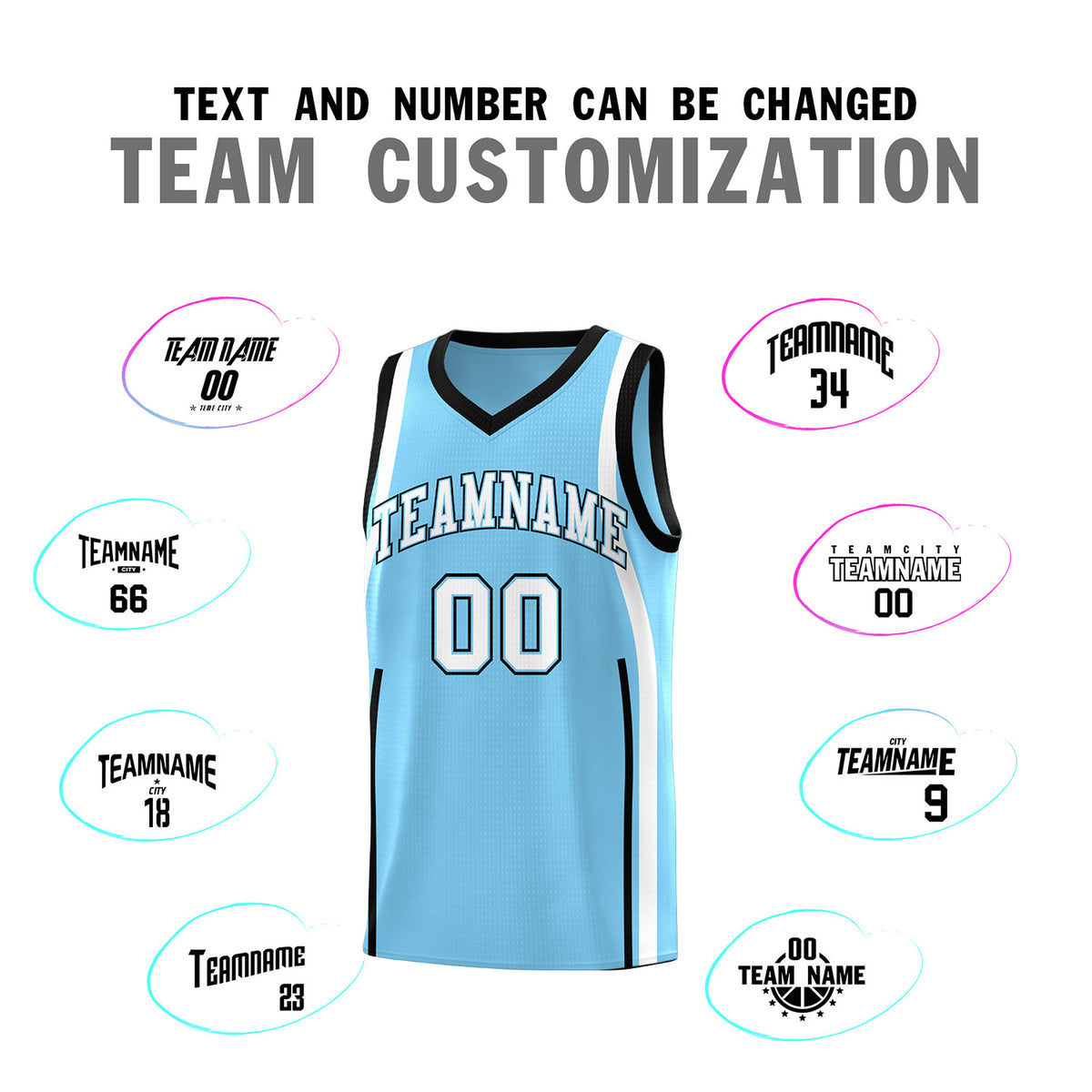 Custom Light Blue Black-White Ribbon Pattern Basketball Kits