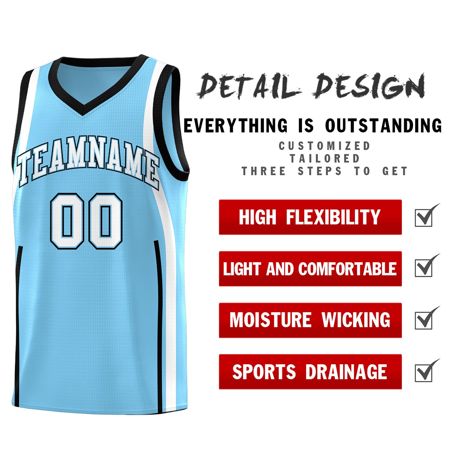 Custom Light Blue Black-White Ribbon Pattern Basketball Kits