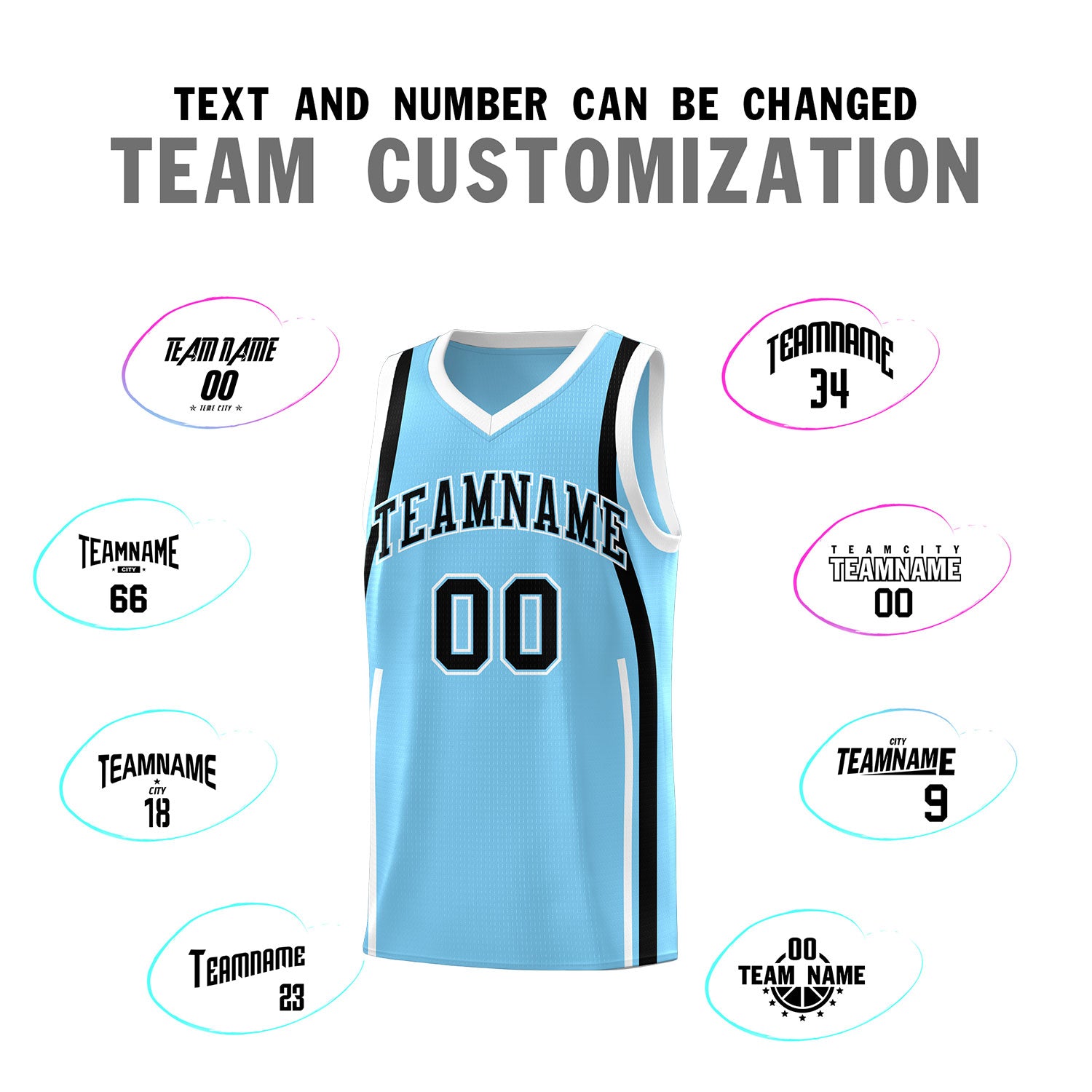 Custom Light Blue Black-White Ribbon Pattern Basketball Kits