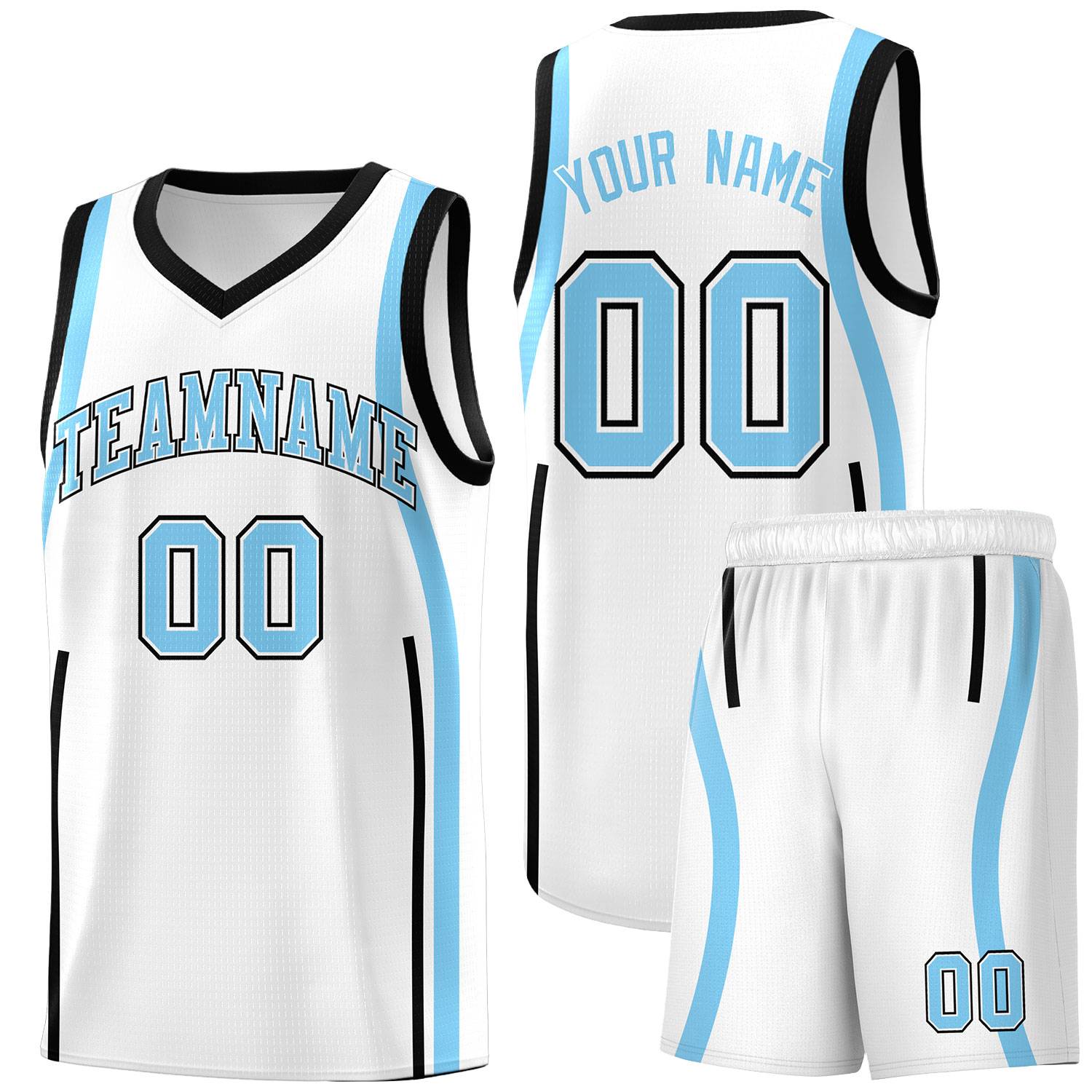 Custom White Light Blue-Black Ribbon Pattern Basketball Kits
