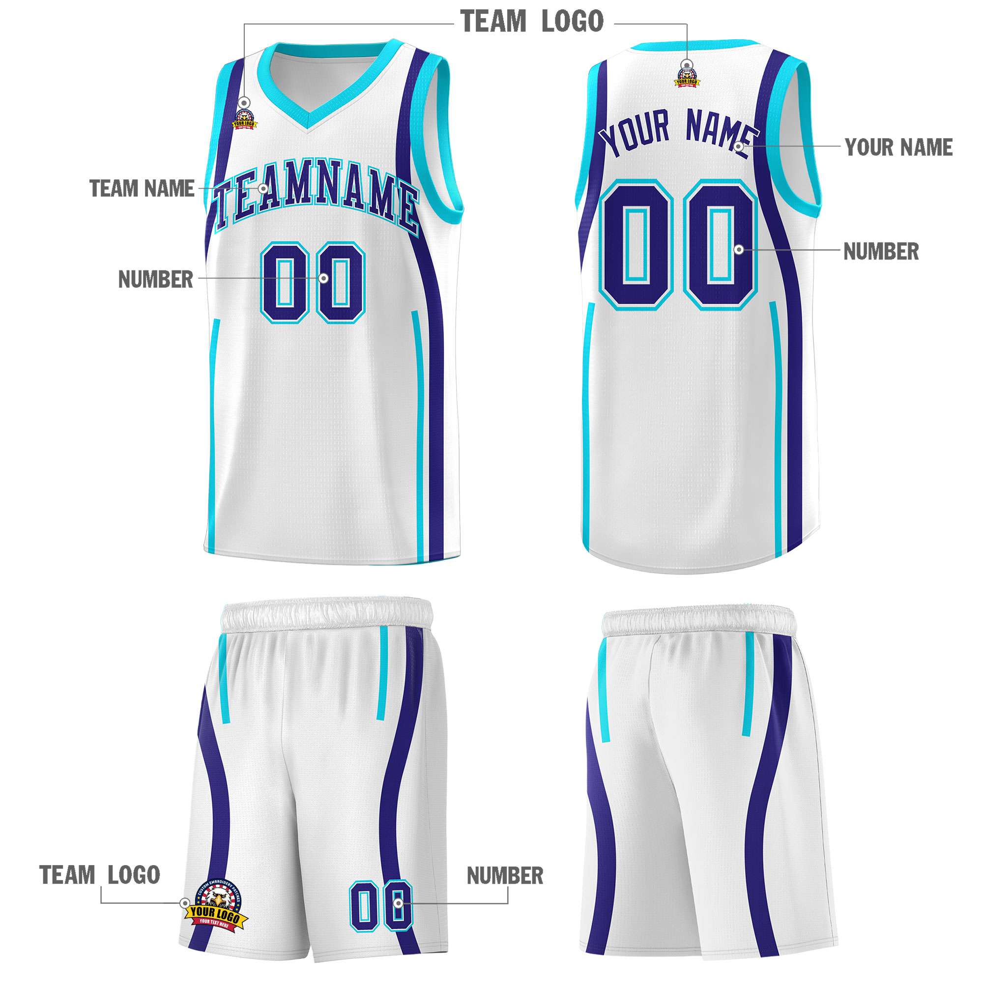 Custom White Sky Blue-Royal Ribbon Pattern Basketball Kits