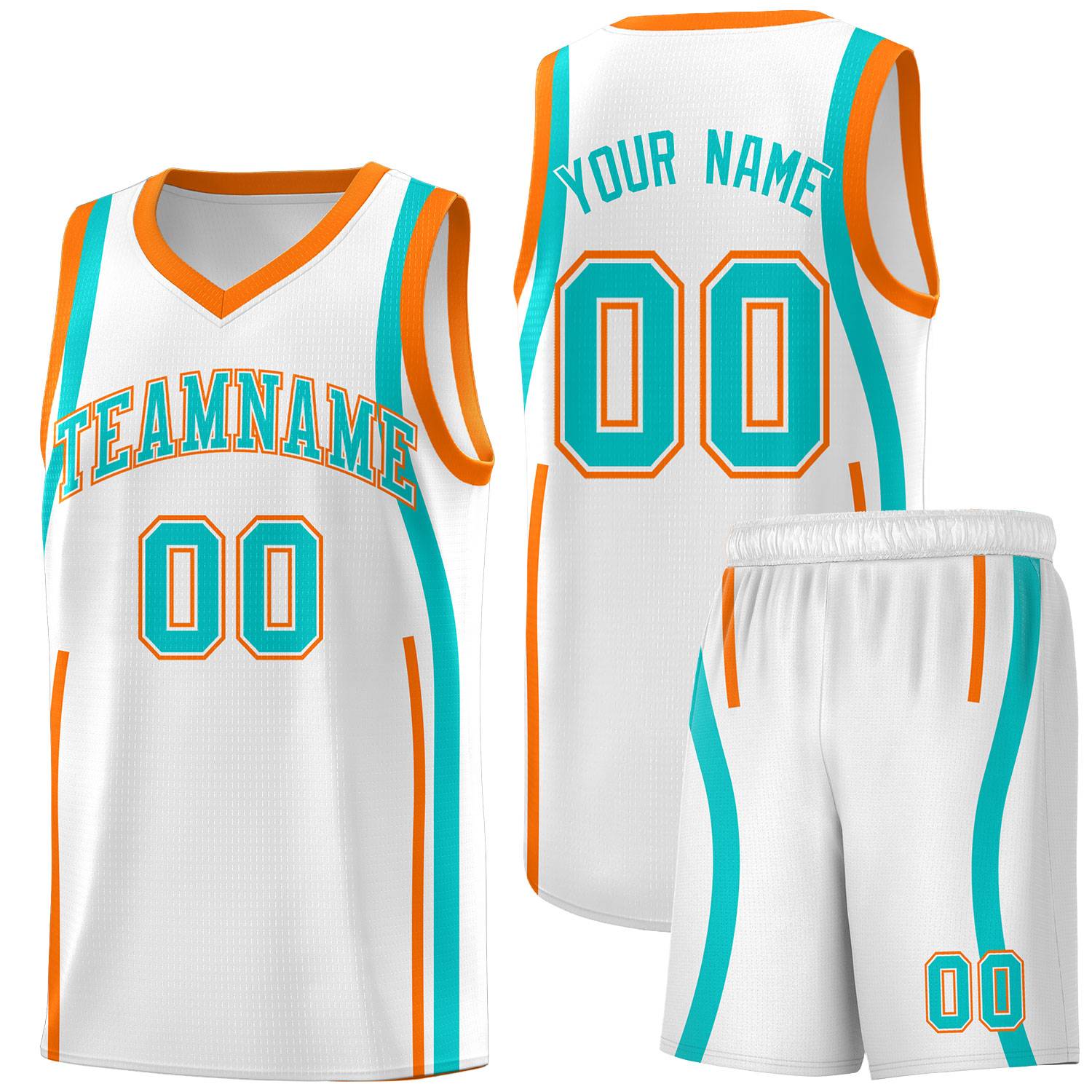 Custom White Aqua-Orange Ribbon Pattern Basketball Kits