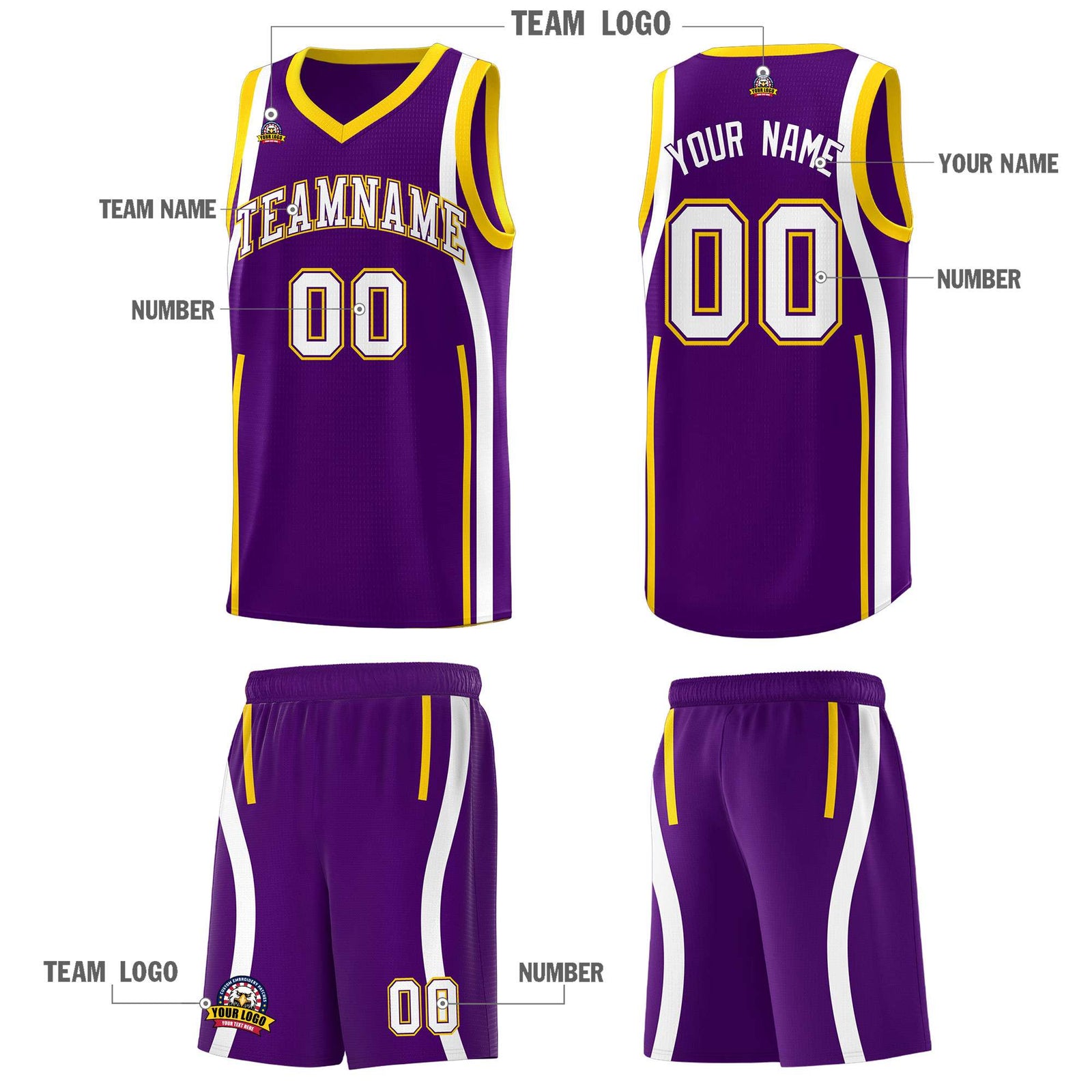 Custom Purple White-Gold Ribbon Pattern Basketball Kits