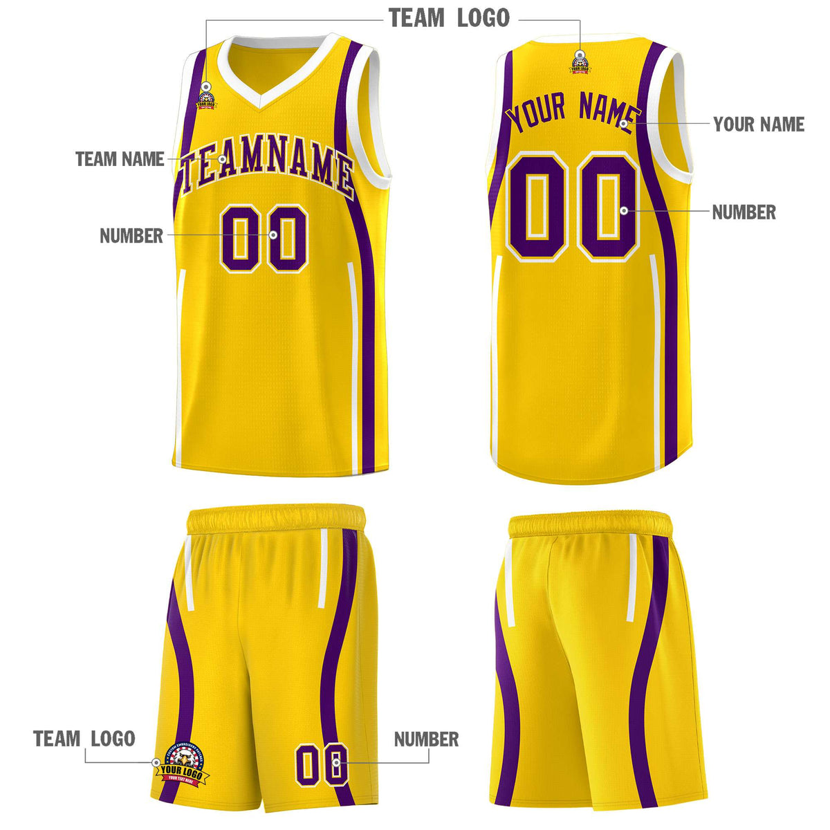 Custom Gold Purple-White Ribbon Pattern Basketball Kits