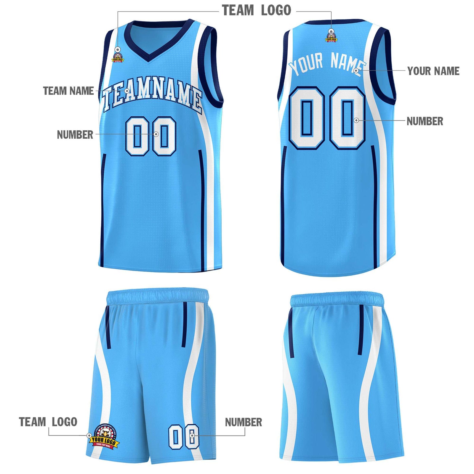 Custom Powder Blue Navy-White Ribbon Pattern Basketball Kits