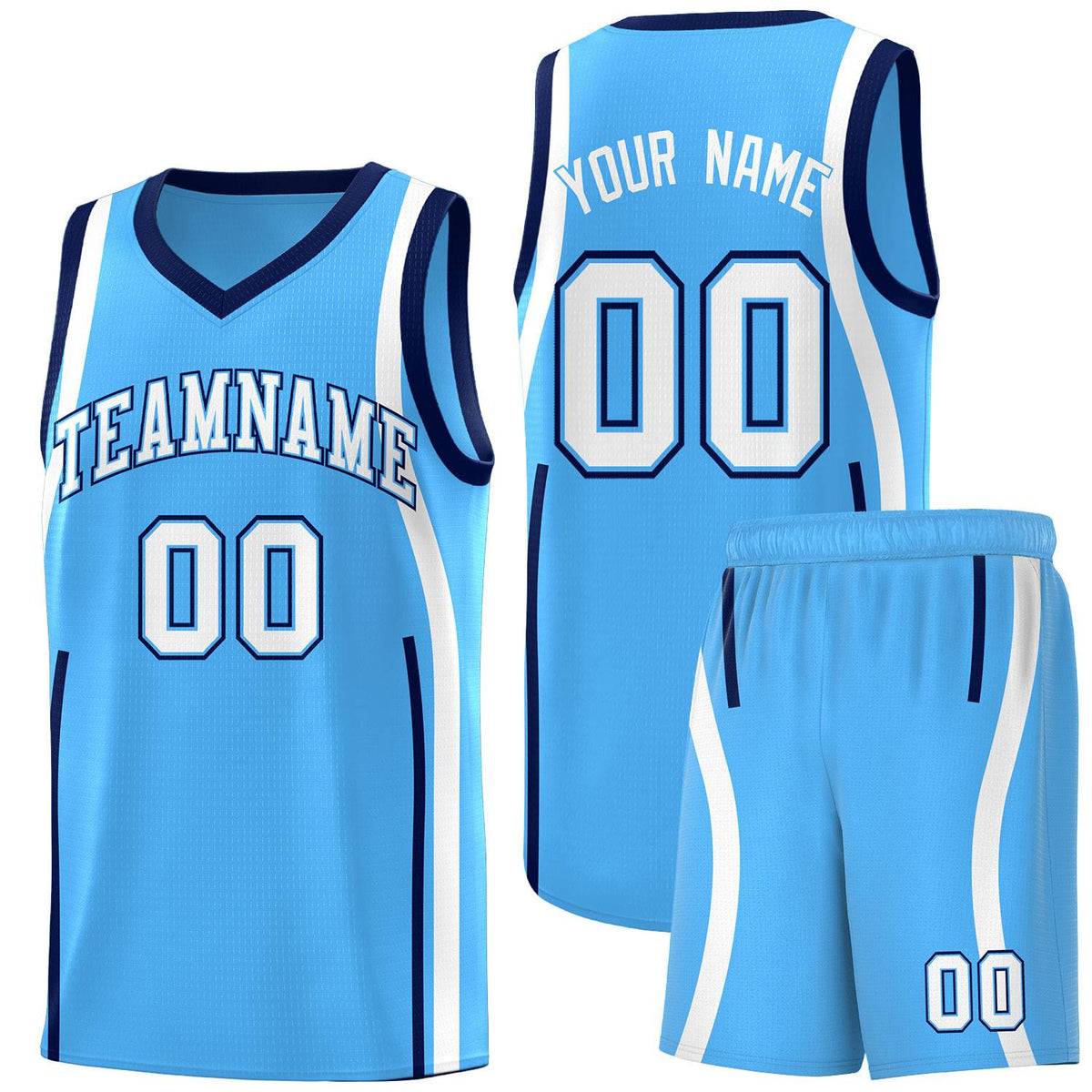 Custom Powder Blue Navy-White Ribbon Pattern Basketball Kits