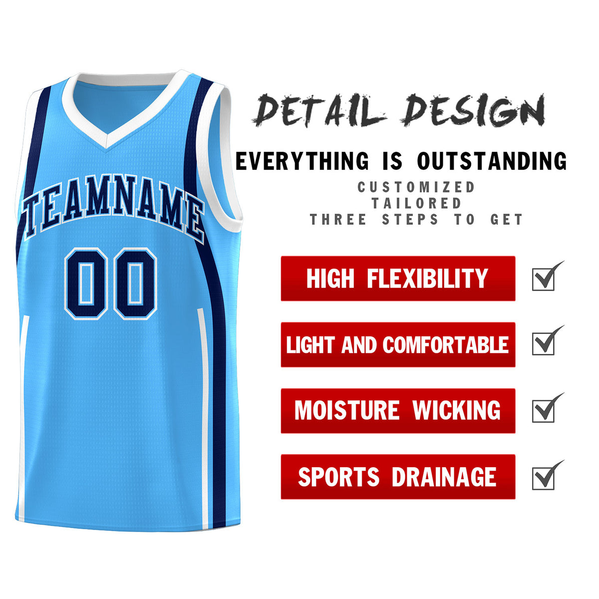Custom Powder Blue Navy-White Ribbon Pattern Basketball Kits