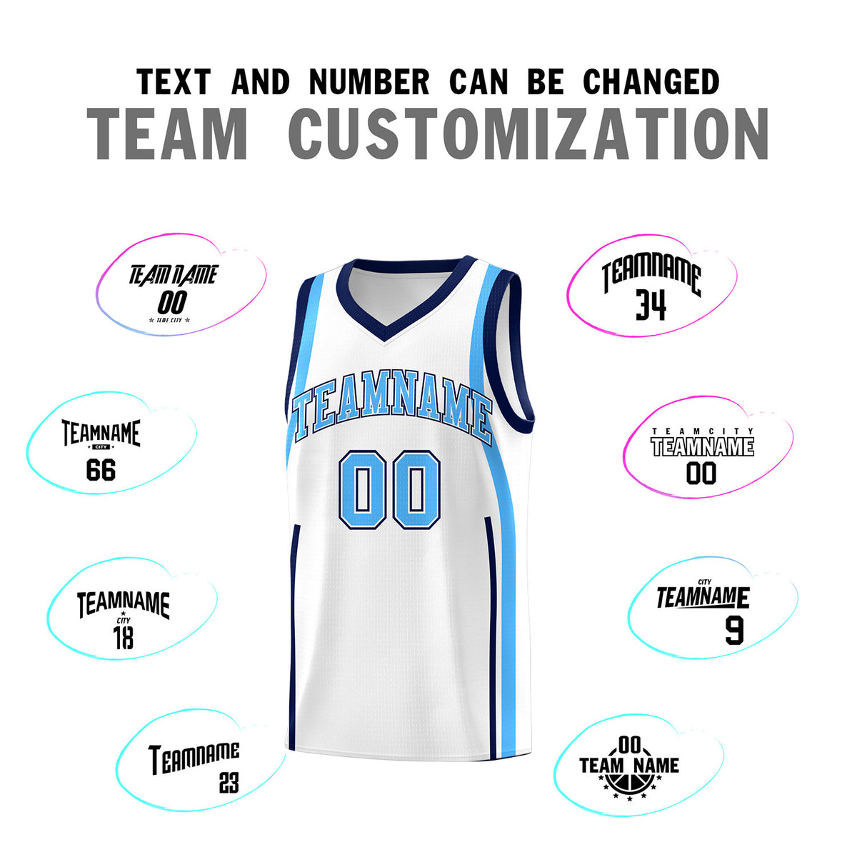 Custom White Powder Blue-Navy Ribbon Pattern Basketball Kits