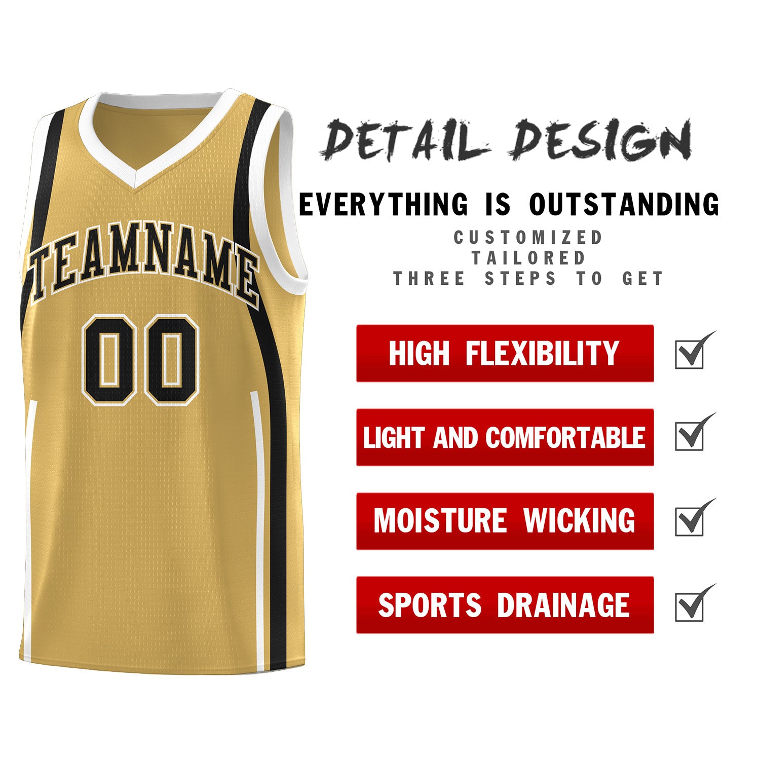 Custom Old Gold Black-White Ribbon Pattern Basketball Kits
