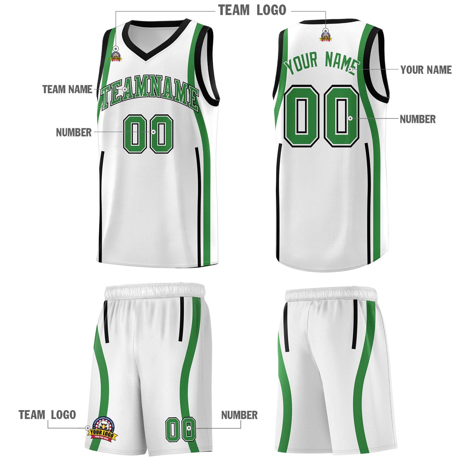 Custom White Kelly Green-White Ribbon Pattern Basketball Kits