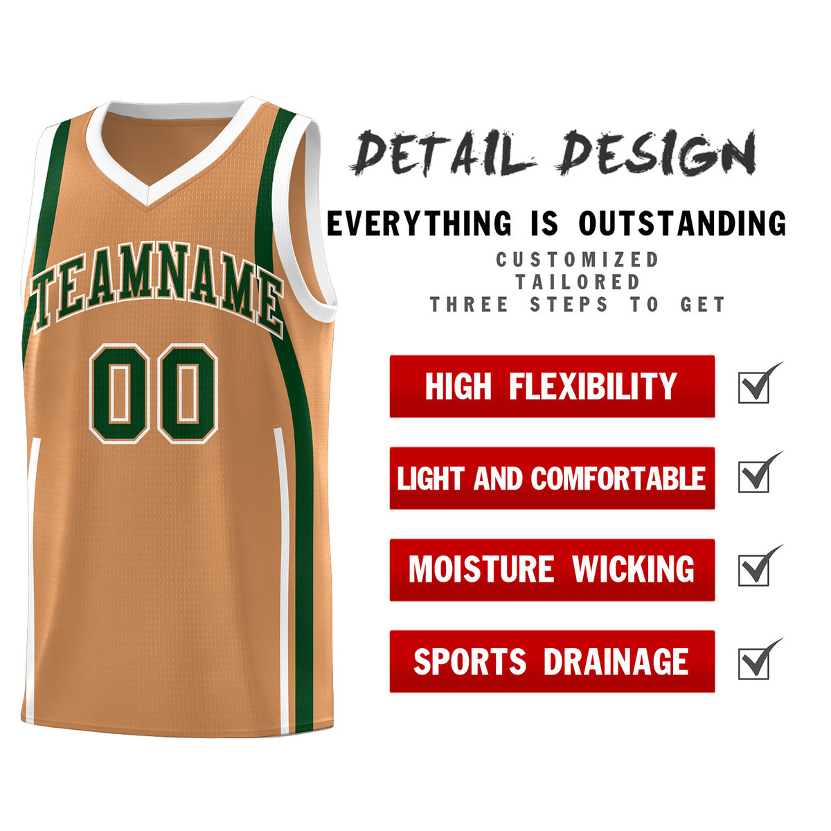 Custom Buckskin Brown Green-White Ribbon Pattern Basketball Kits
