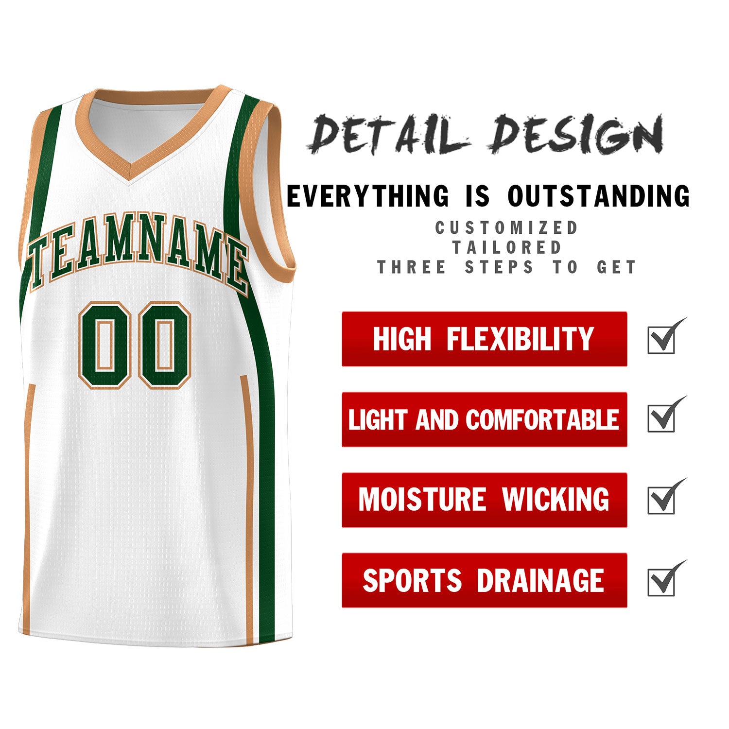 Custom White Green-Buckskin Brown Ribbon Pattern Basketball Kits