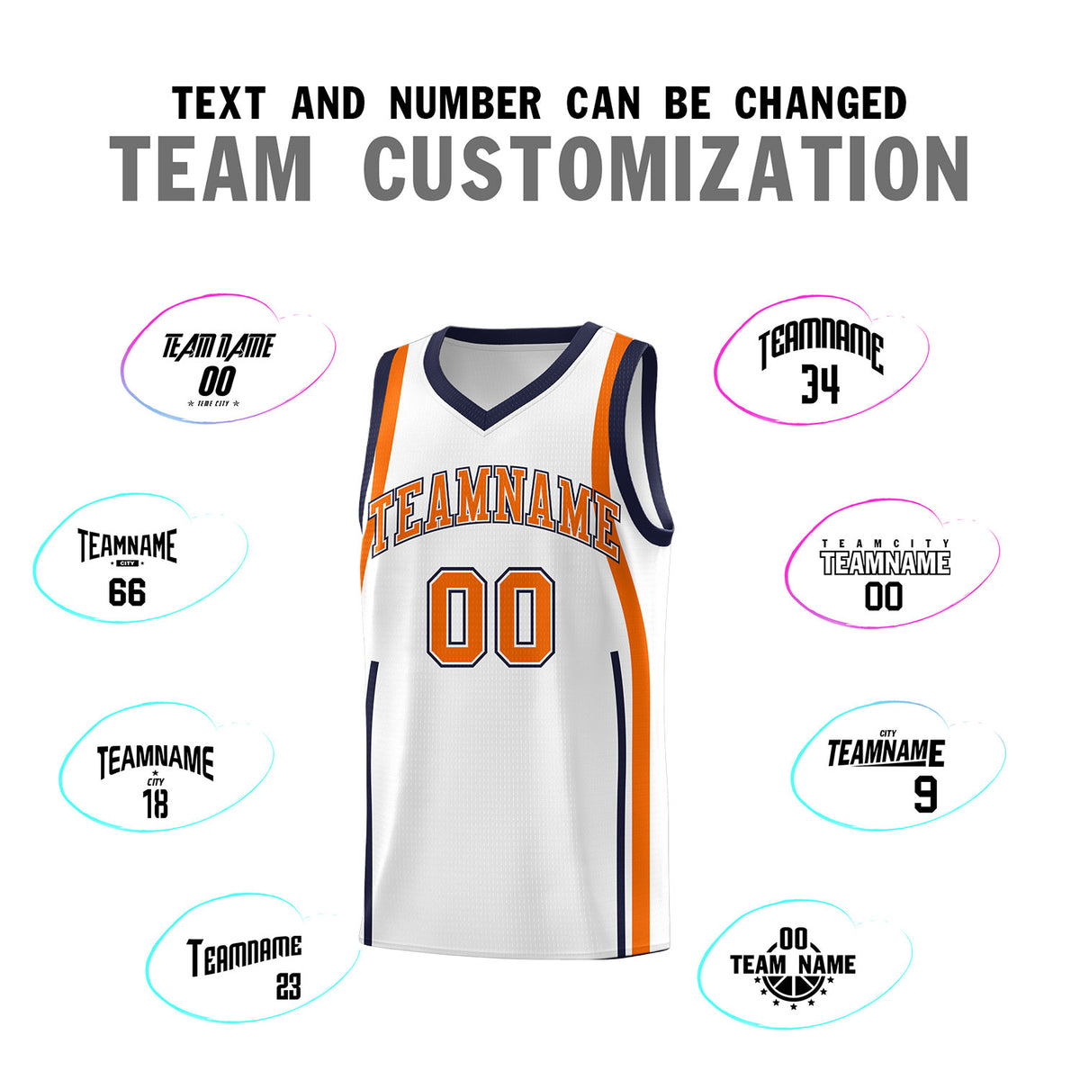 Custom White Navy-Orange Ribbon Pattern Basketball Kits