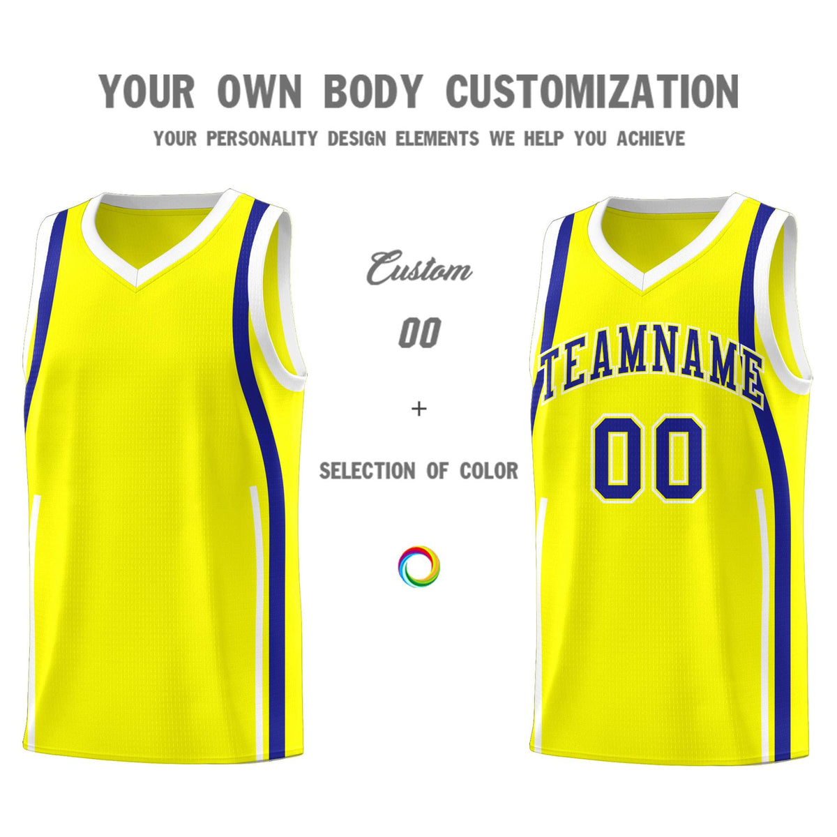 Custom Fluorescent Yellow Royal-White Ribbon Pattern Basketball Kits