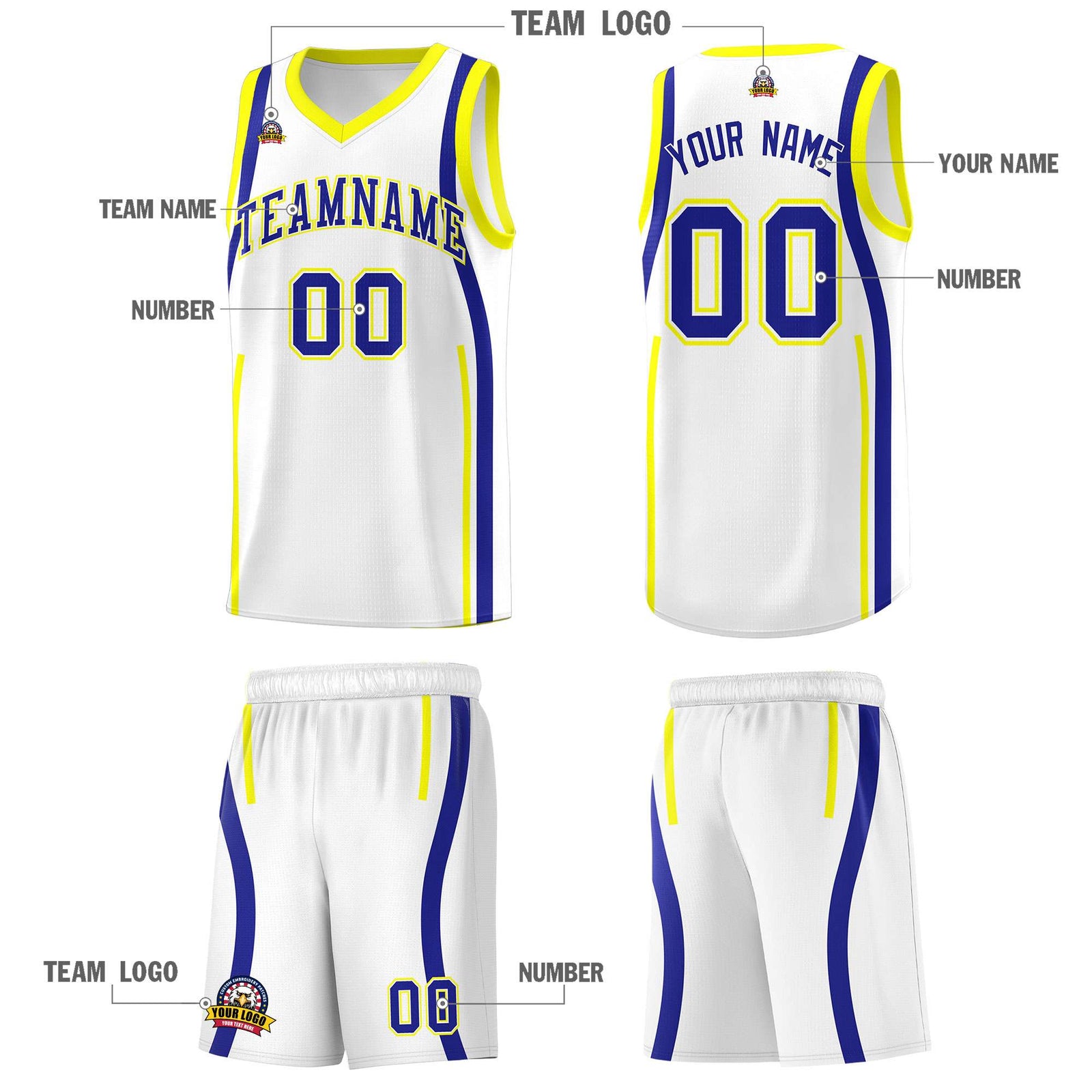 Custom White Royal-Fluorescent Yellow Ribbon Pattern Basketball Kits