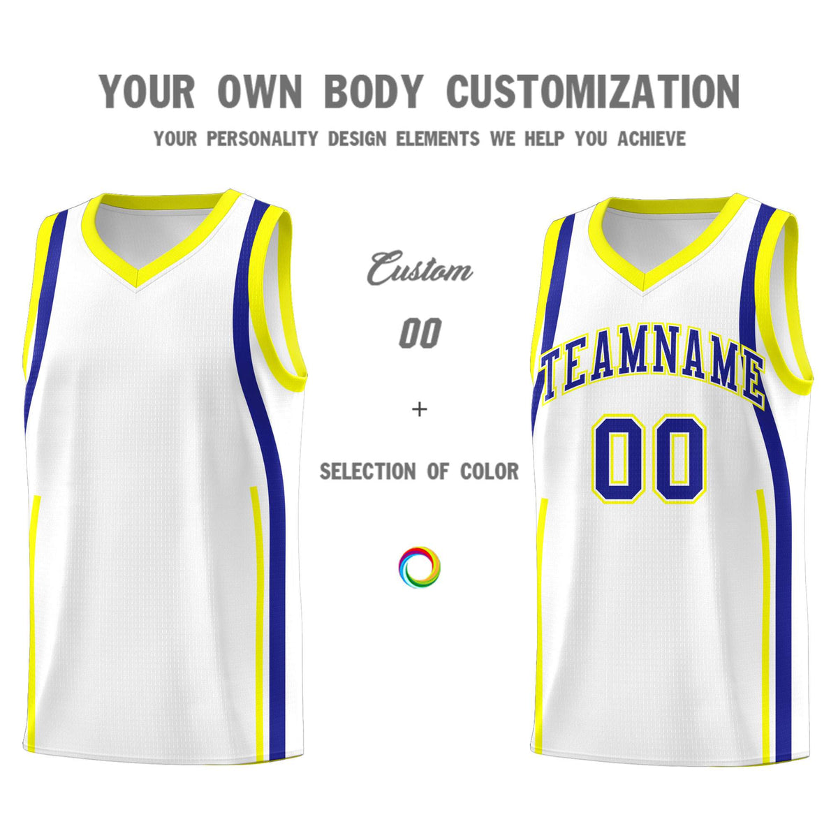 Custom White Royal-Fluorescent Yellow Ribbon Pattern Basketball Kits