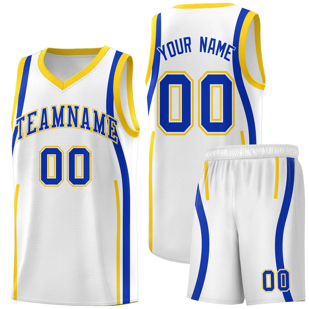 Custom White Royal-Gold Ribbon Pattern Basketball Kits