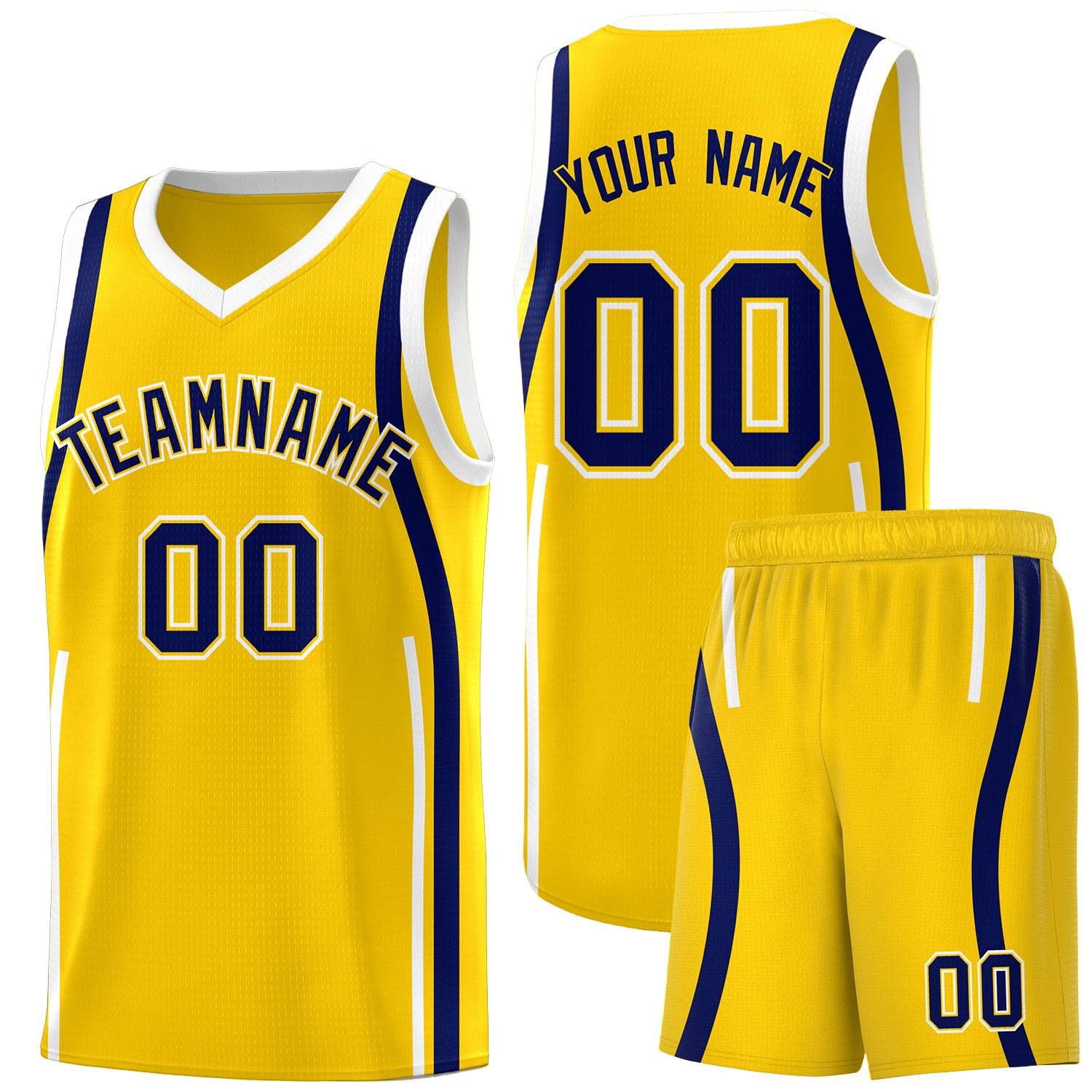 Custom Gold Navy-White Ribbon Pattern Basketball Kits