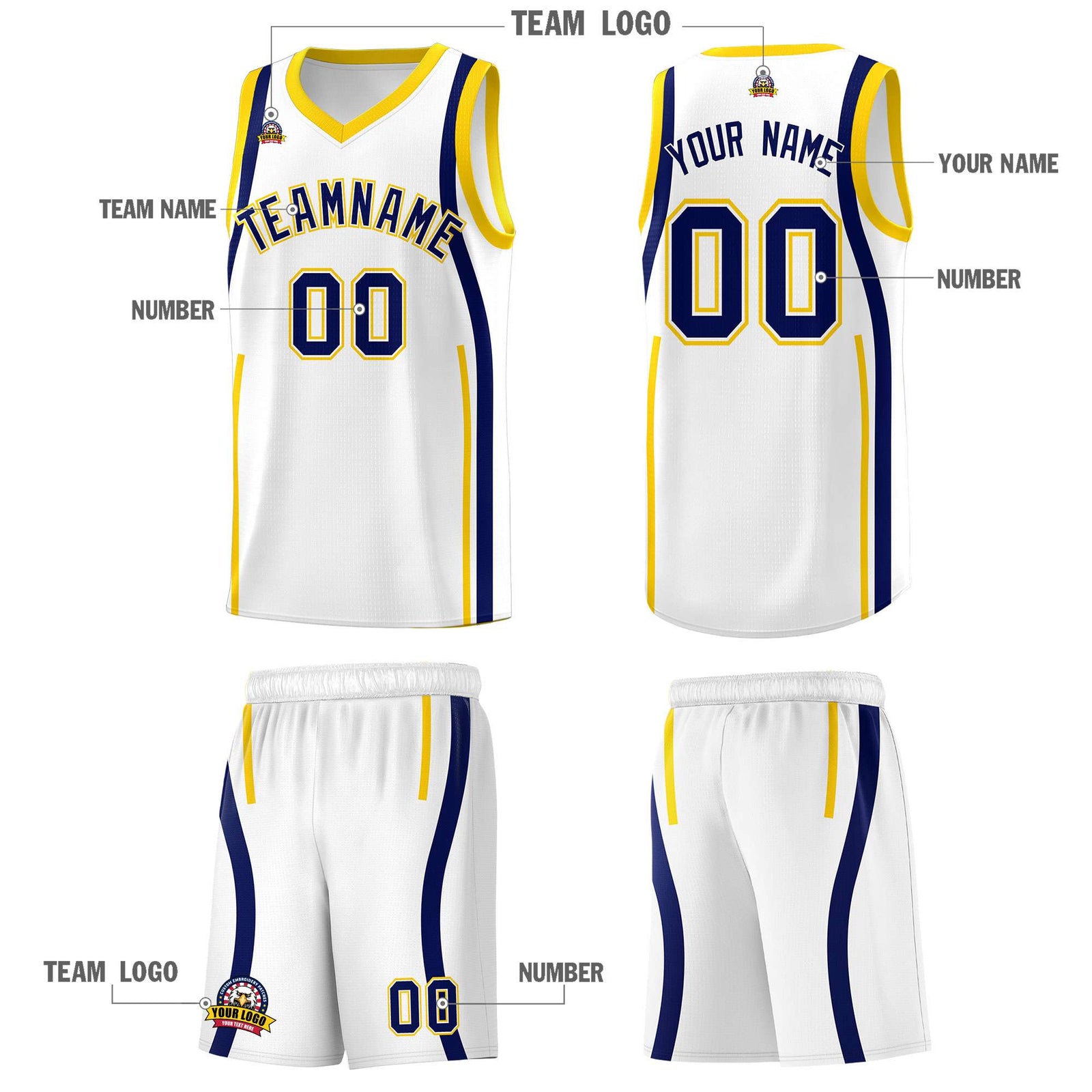 Custom White Navy-Gold Ribbon Pattern Basketball Kits